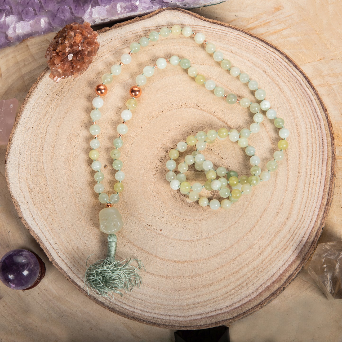 Mala Giada, Pietra Guru giada Buddha che sorride, Rame