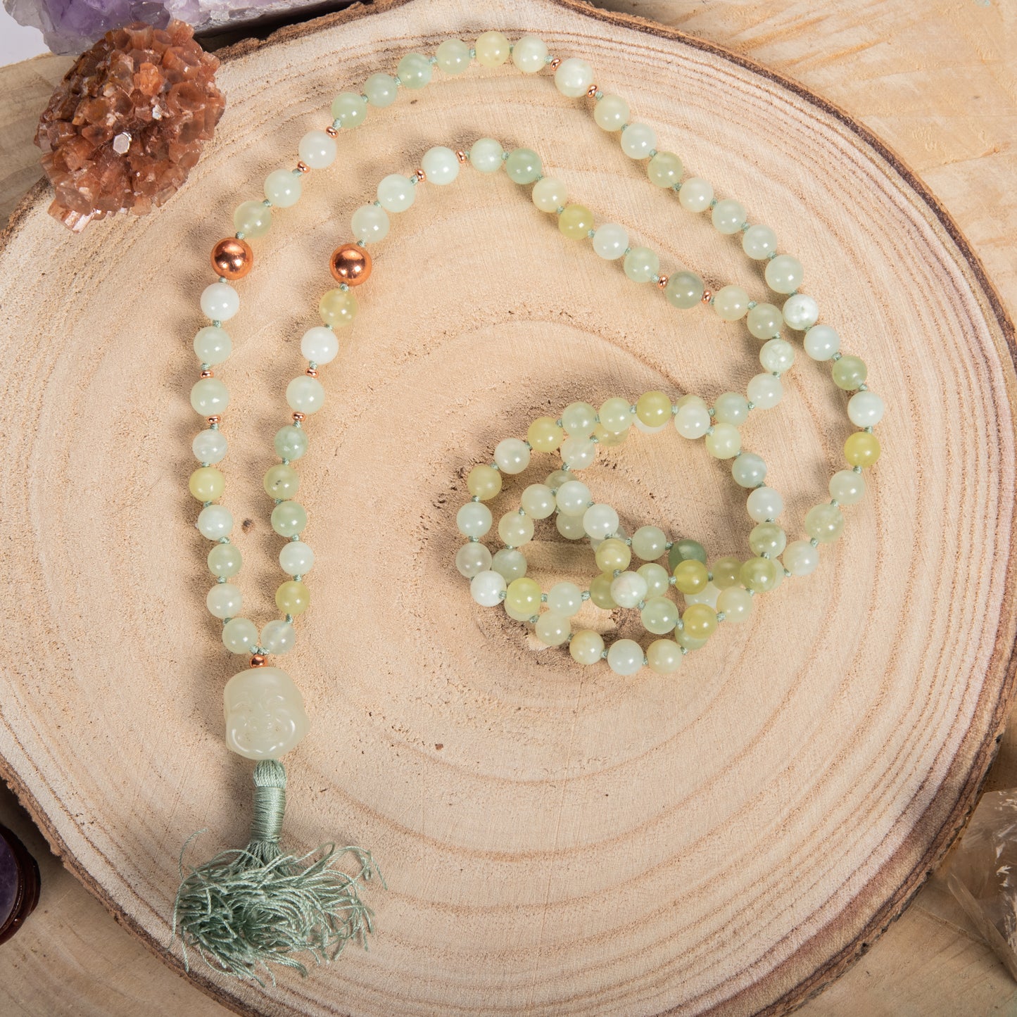 Mala Giada, Pietra Guru giada Buddha che sorride, Rame