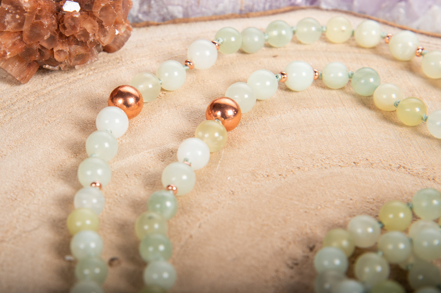 Mala Giada, Pietra Guru giada Buddha che sorride, Rame