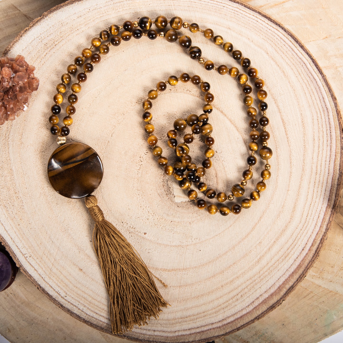 Mala Occhio di tigre, Pietra guru Occhio di tigre, Argento dorato 925, Placcato Oro 14 kt