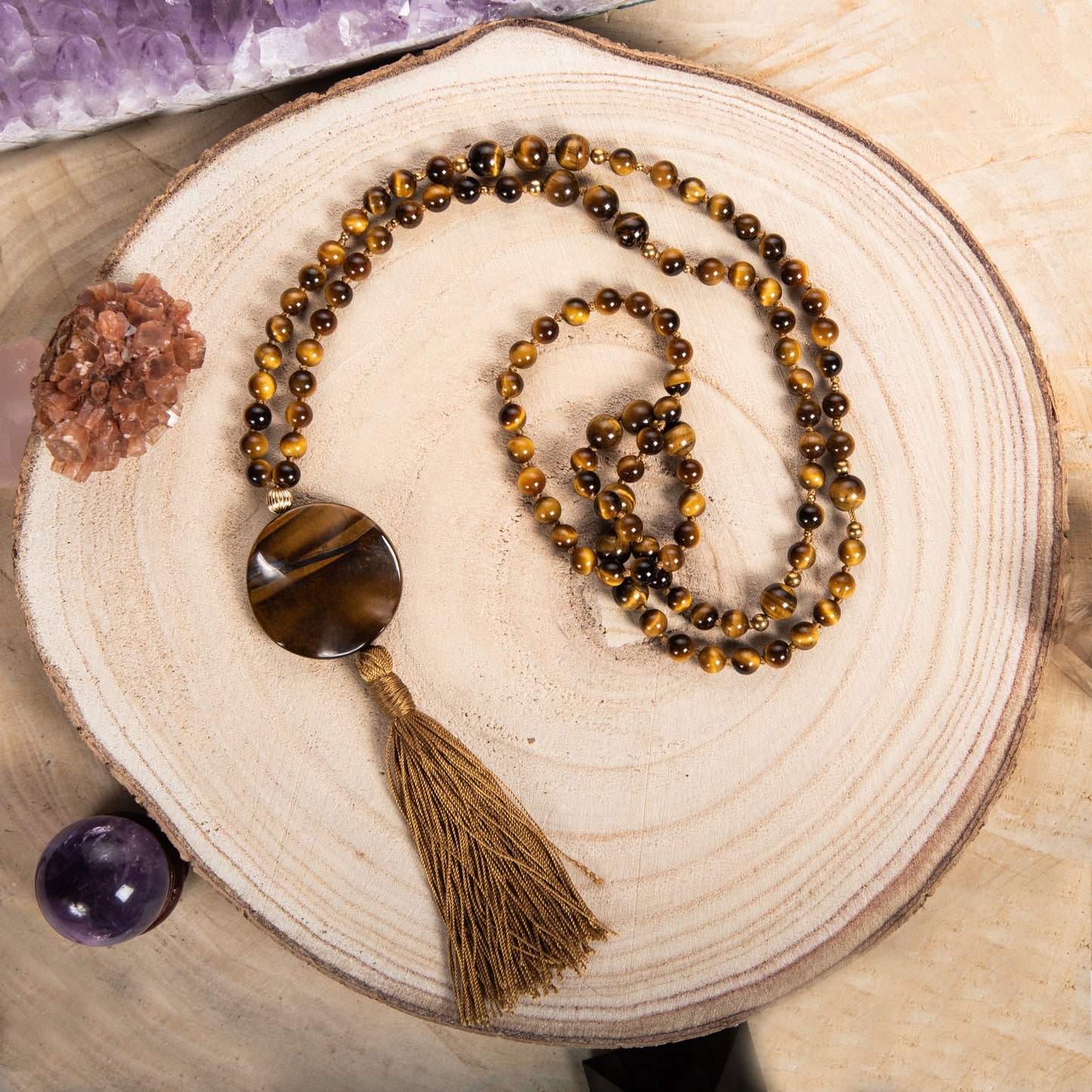 Mala Occhio di tigre, Pietra guru Occhio di tigre, Argento dorato 925, Placcato Oro 14 kt