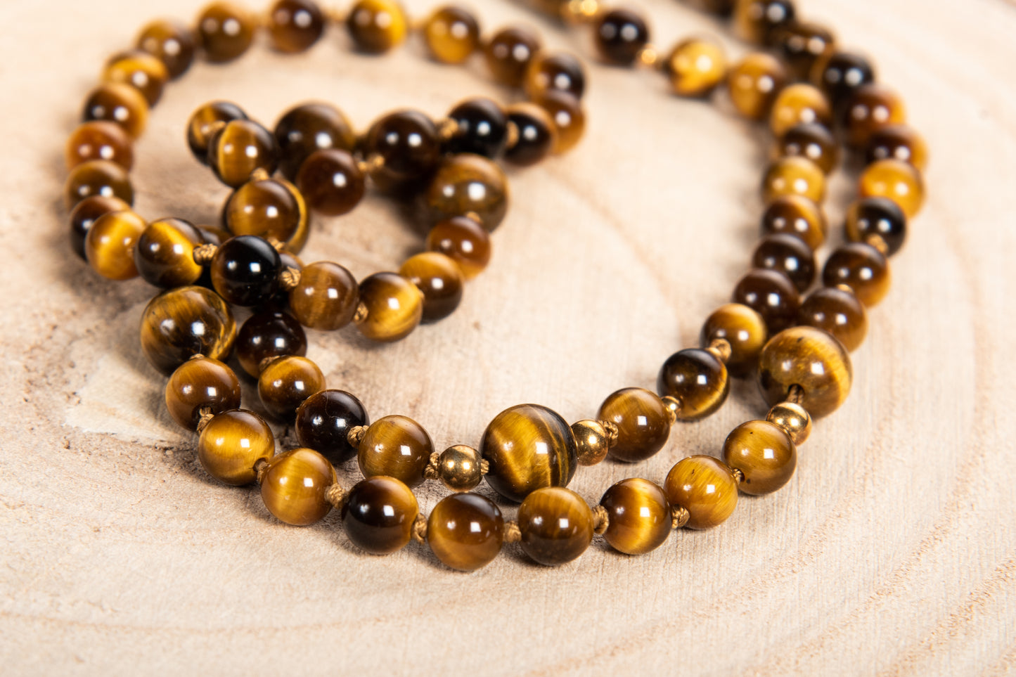 Mala Occhio di tigre, Pietra guru Occhio di tigre, Argento dorato 925, Placcato Oro 14 kt