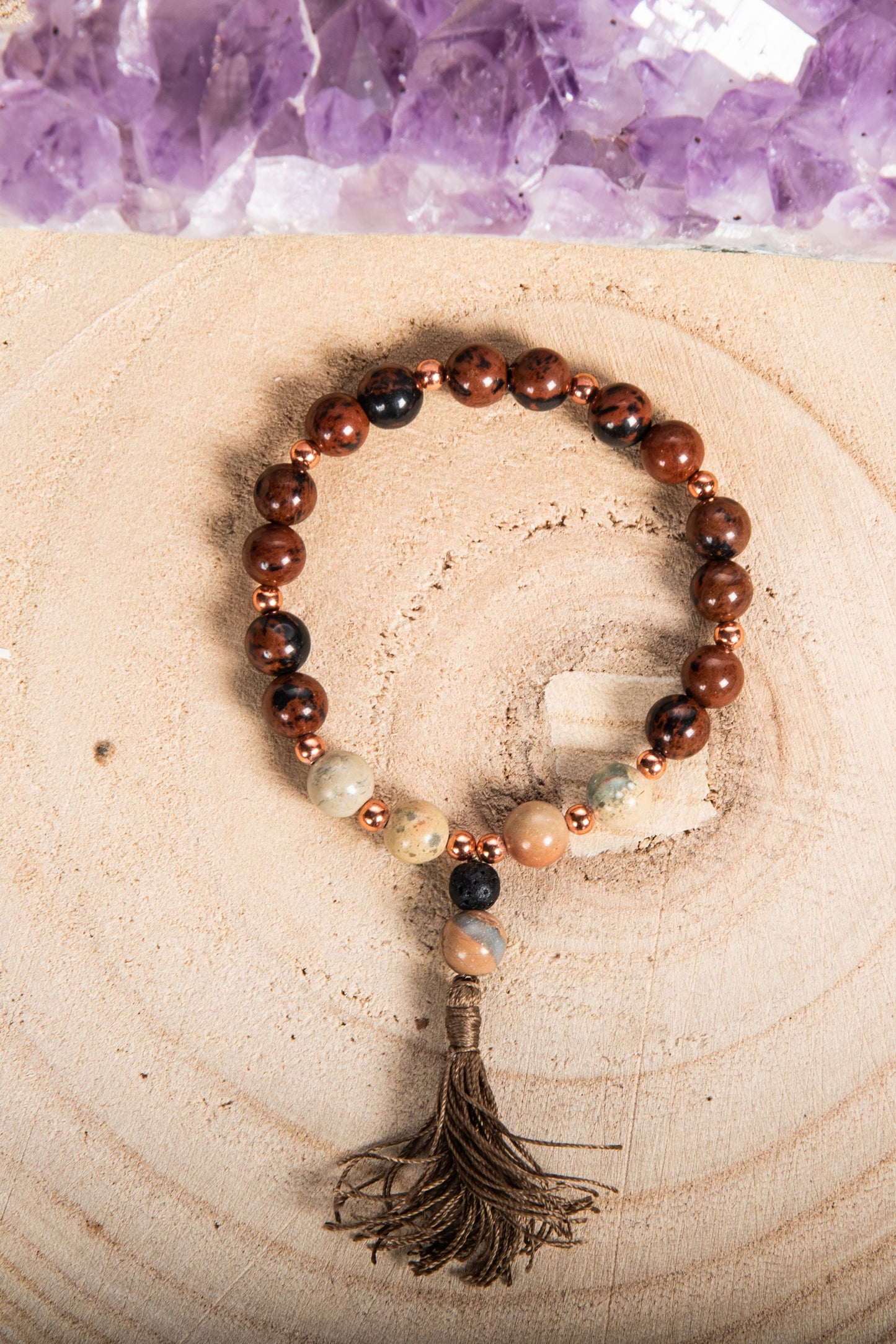 Bracciale Mala Diaspro multicolore, Ossidiana mogano, Pietra lavica e Rame