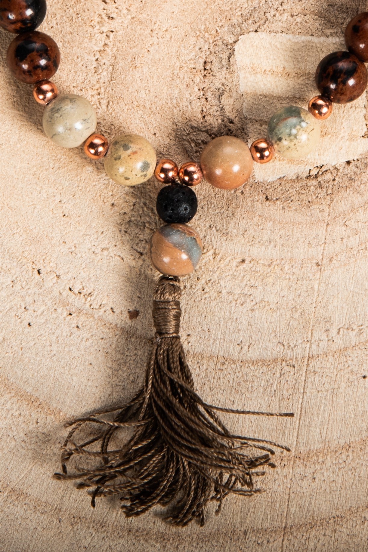 Bracciale Mala Diaspro multicolore, Ossidiana mogano, Pietra lavica e Rame