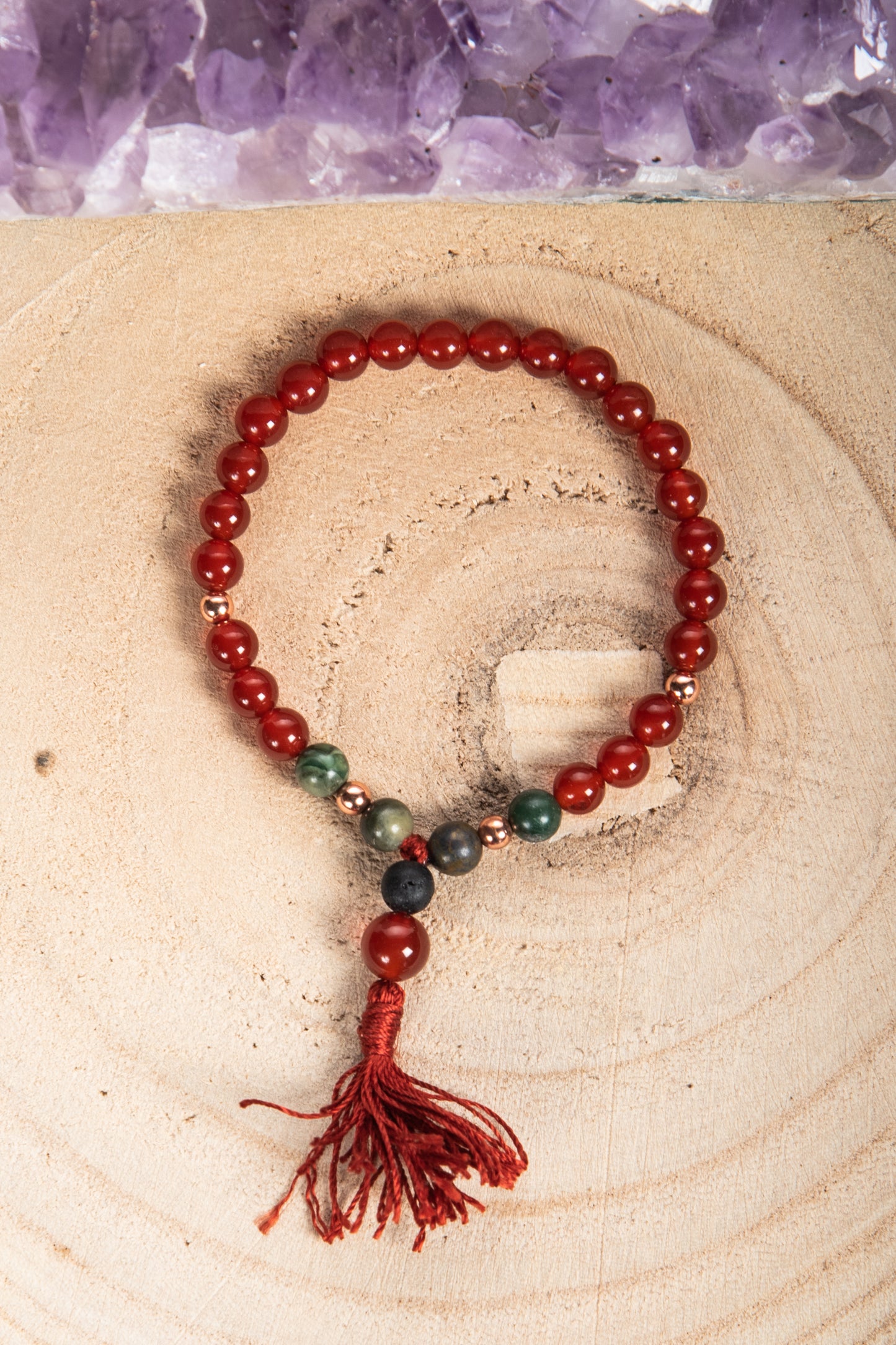 Bracciale Mala Agata rossa, Giada verde, Pietra lavica e Rame