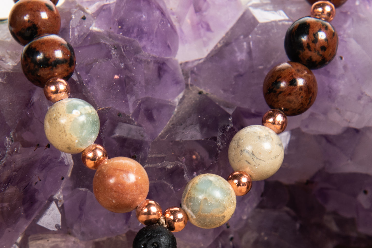 Bracciale Mala Diaspro multicolore, Ossidiana mogano, Pietra lavica e Rame