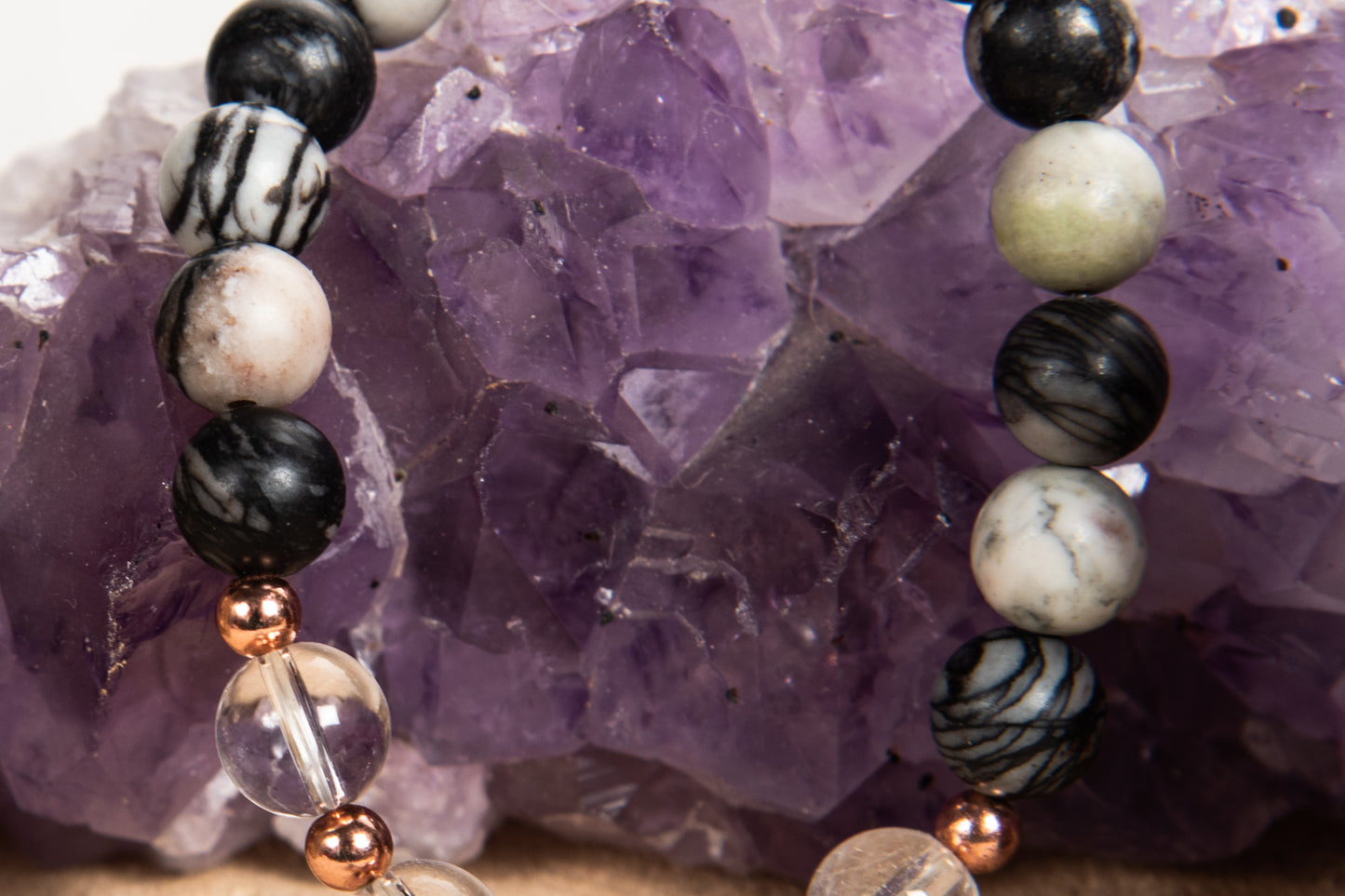 Bracciale Mala Diaspro zebrato, Cristallo di rocca, Pietra lavica e Rame