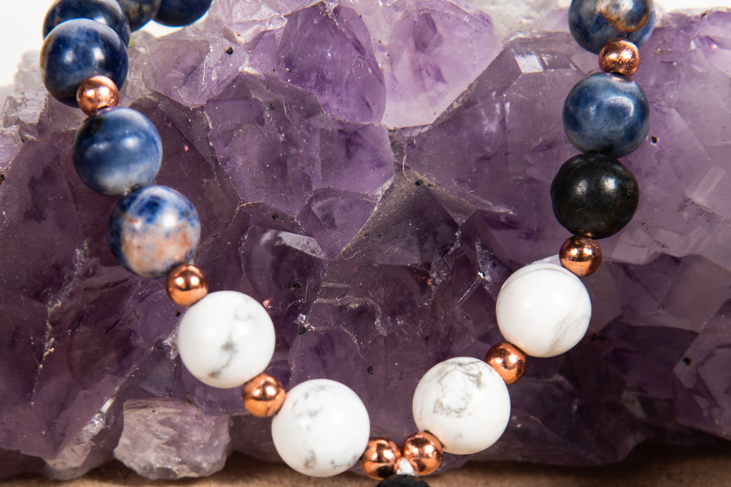 Bracciale Mala Sodalite, Howlite, Pietra lavica e Rame