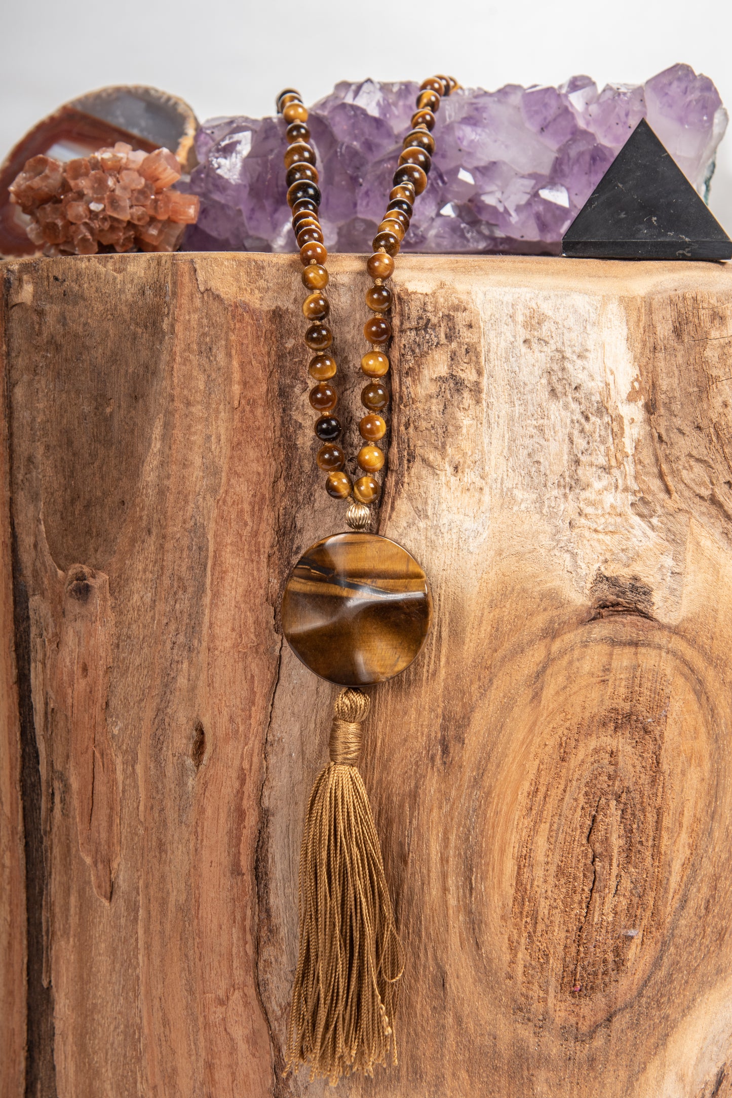 Mala Occhio di tigre, Pietra guru Occhio di tigre, Argento dorato 925, Placcato Oro 14 kt