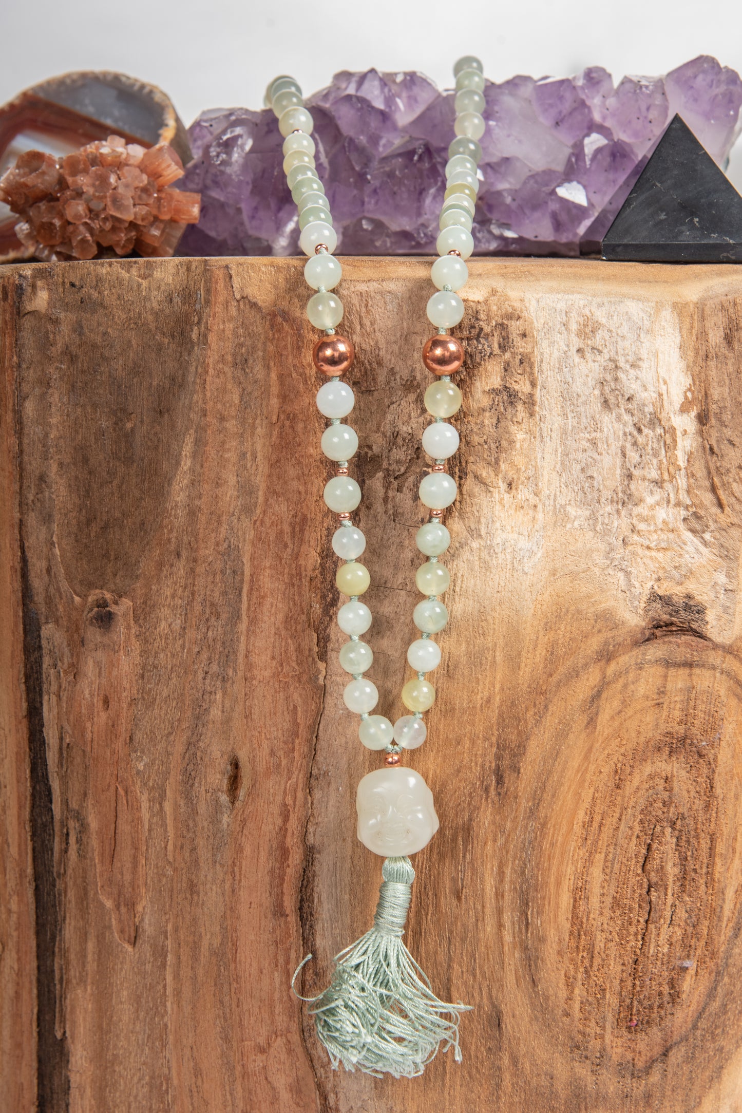 Mala Giada, Pietra Guru giada Buddha che sorride, Rame