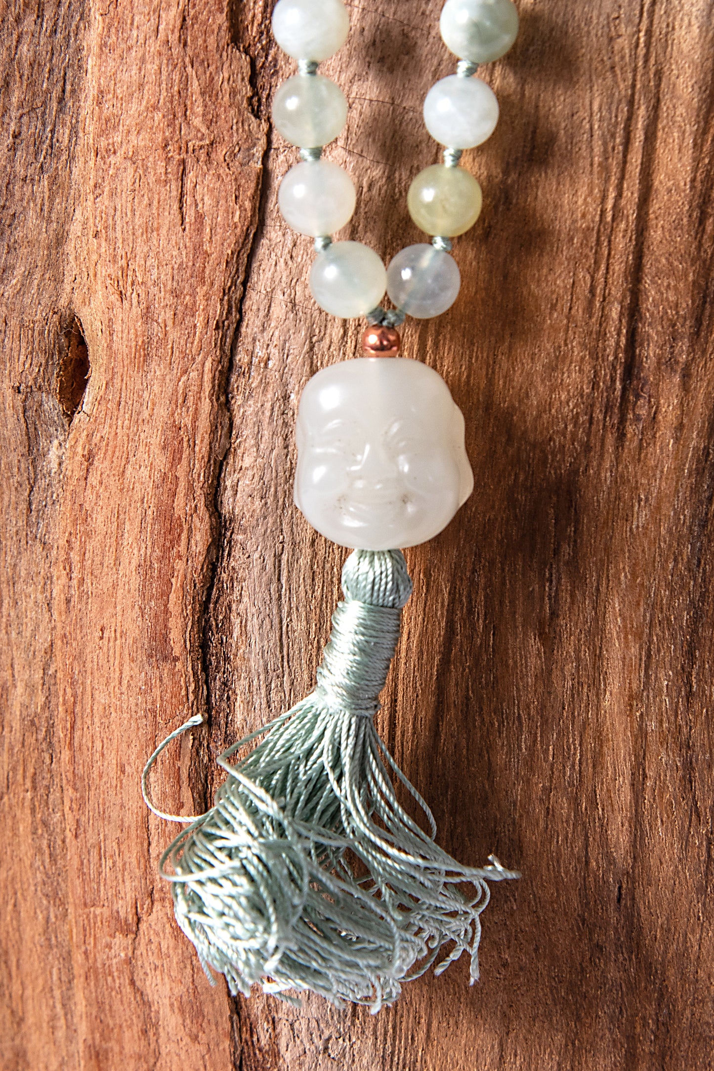 Mala Giada, Pietra Guru giada Buddha che sorride, Rame