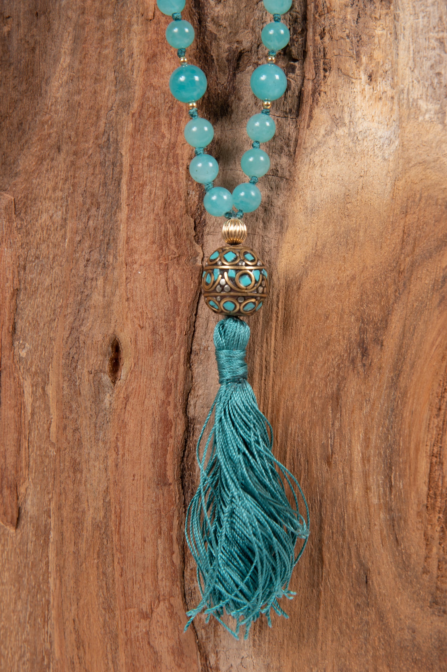 Mala in Amazzonite, Perla Tibetana, Argento dorato 925, Placcato Oro 14 kt
