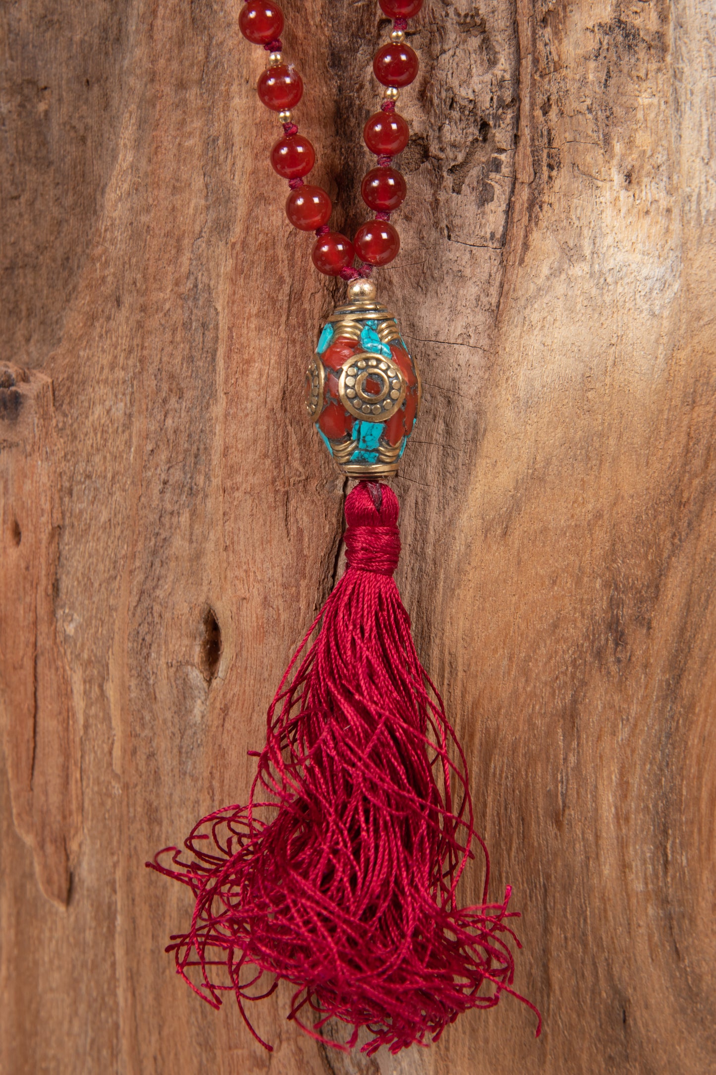 Mala in Agata rossa, Perla Tibetana, argento dorato 925