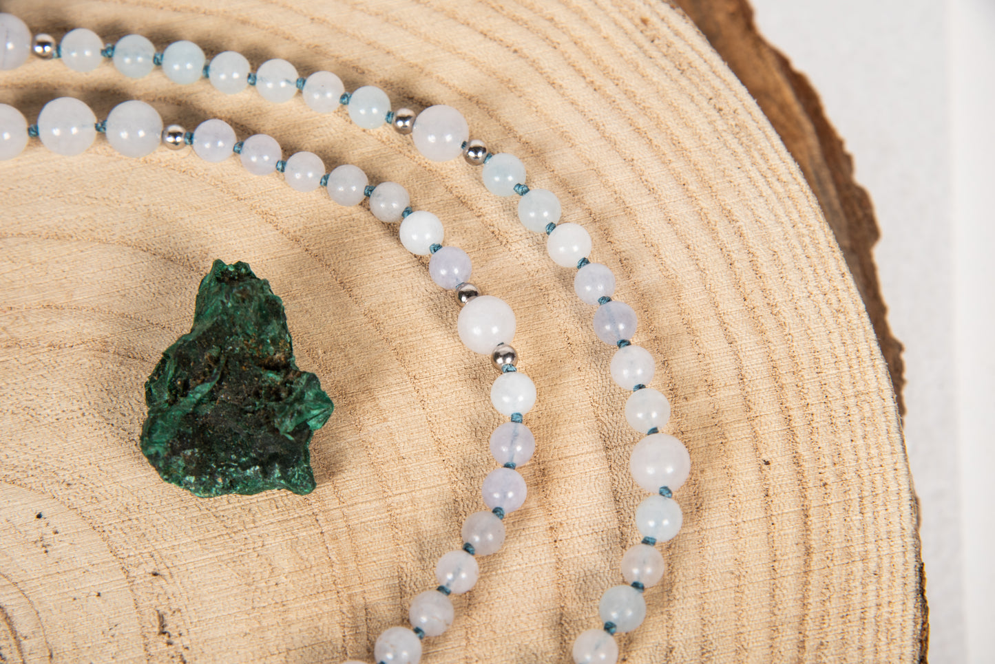 Mala in Acquamarina, Pietra Guru Agata, Argento 925