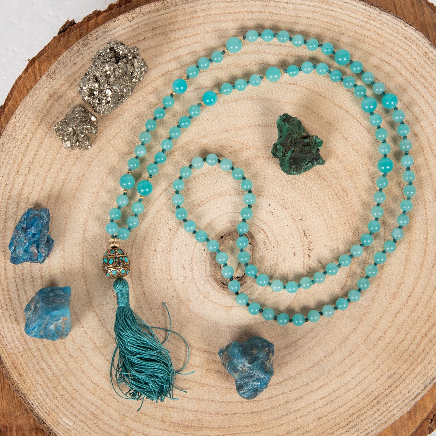 Mala in Amazzonite, Perla Tibetana, Argento dorato 925, Placcato Oro 14 kt