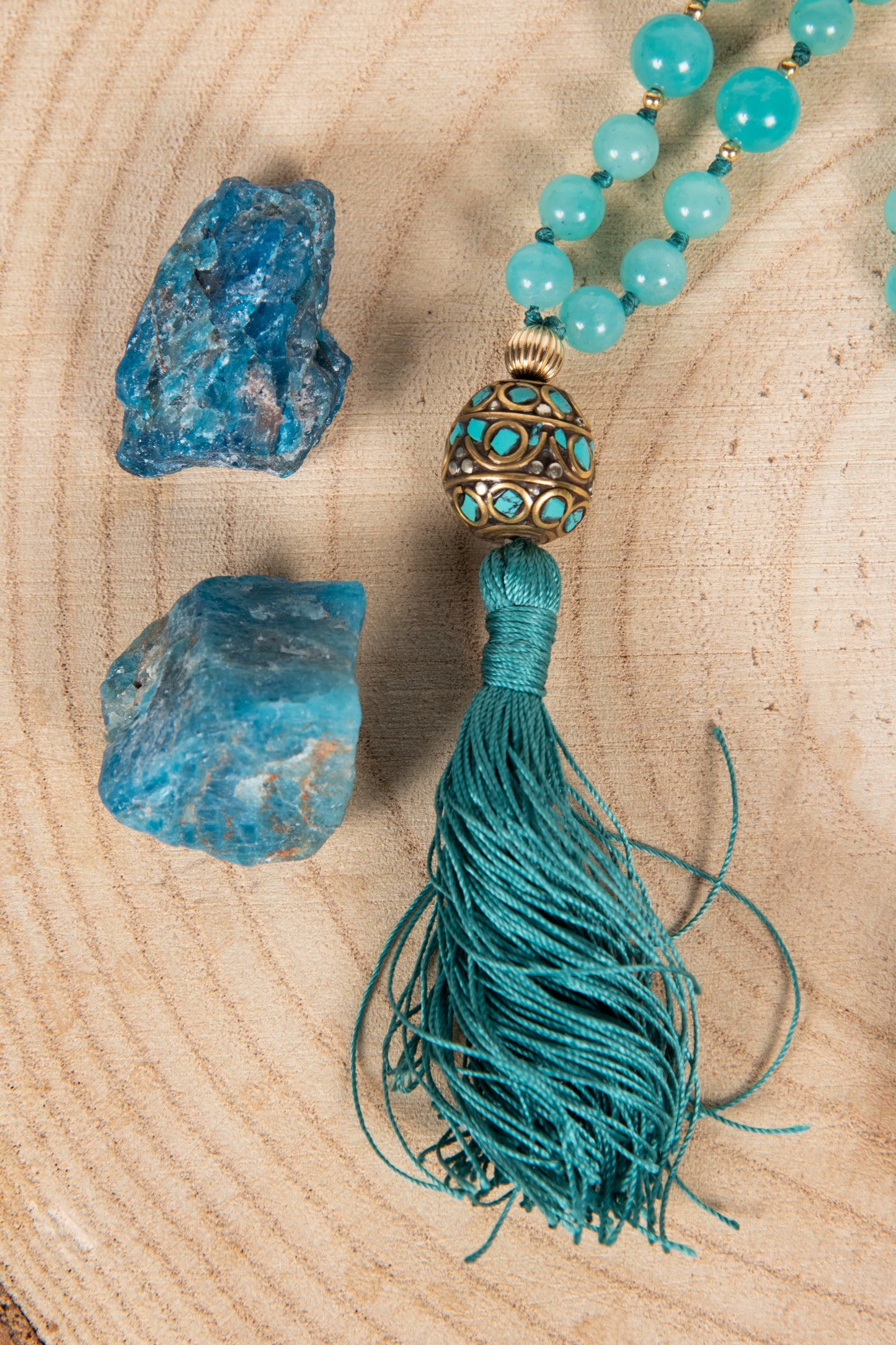 Mala in Amazzonite, Perla Tibetana, Argento dorato 925, Placcato Oro 14 kt
