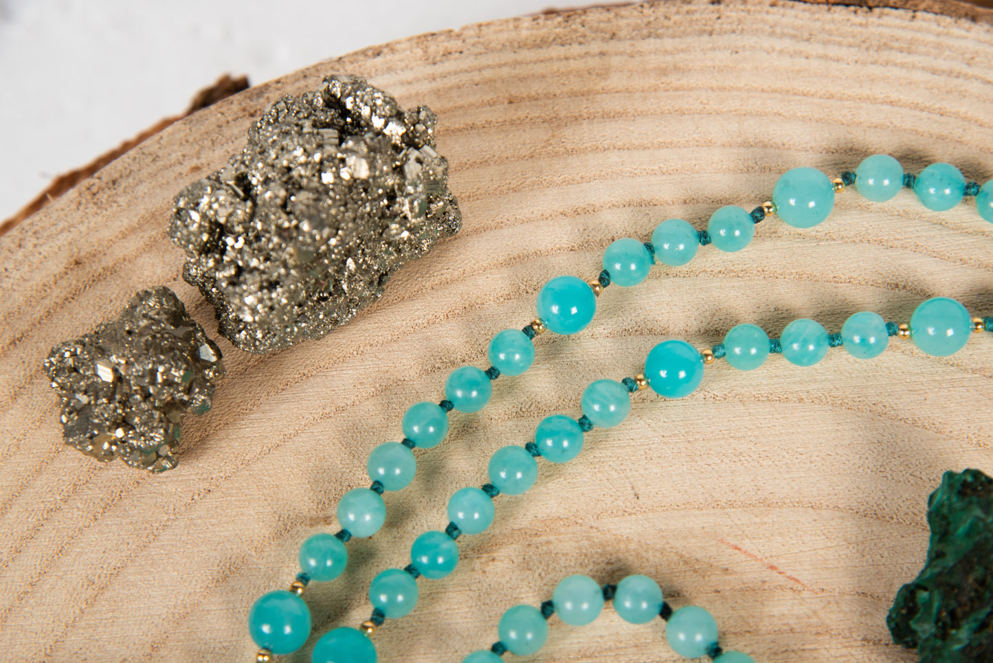 Mala in Amazzonite, Perla Tibetana, Argento dorato 925, Placcato Oro 14 kt