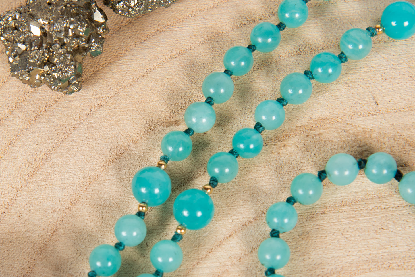 Mala in Amazzonite, Perla Tibetana, Argento dorato 925, Placcato Oro 14 kt