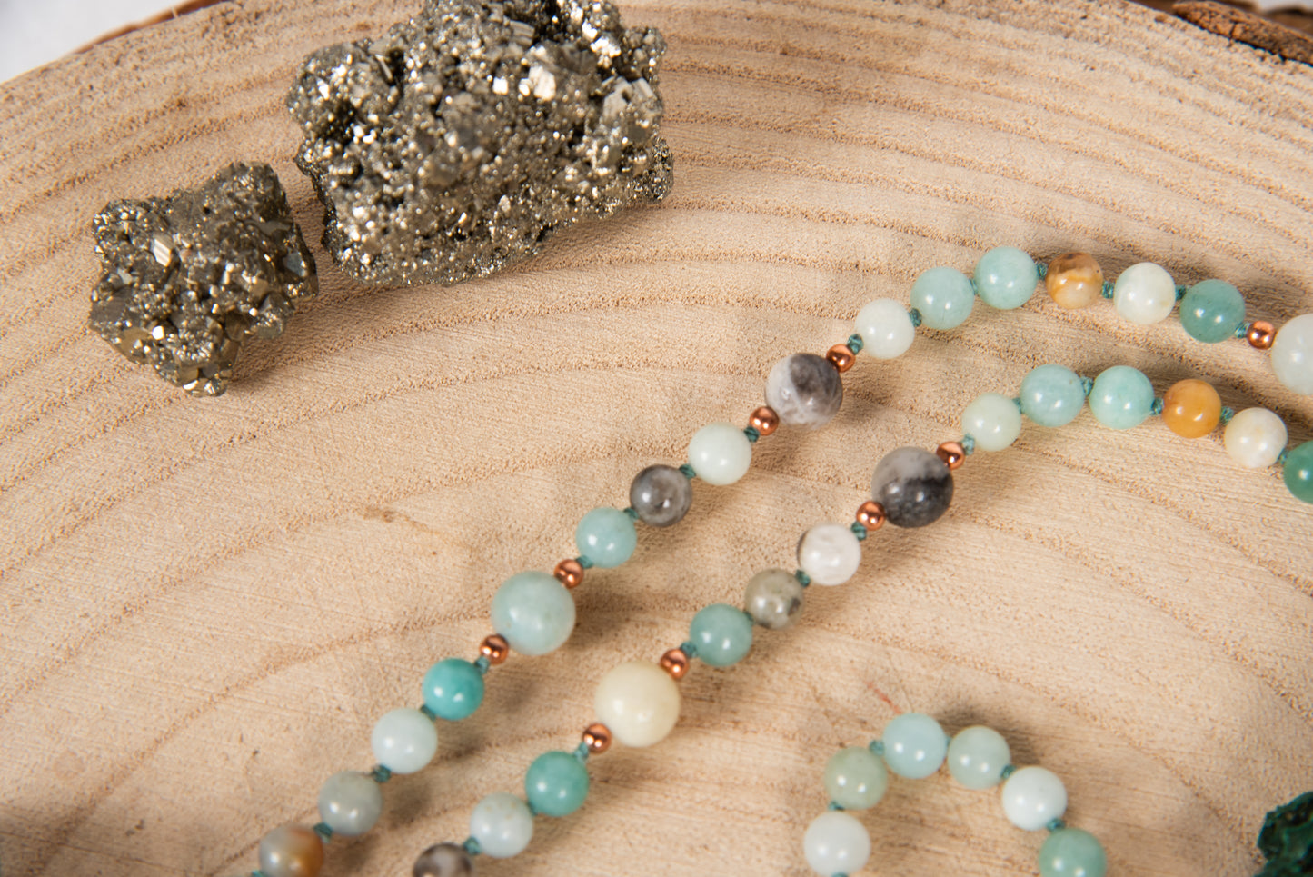 Mala in Amazzonite multicolore, Pietra guru Agata e Rame