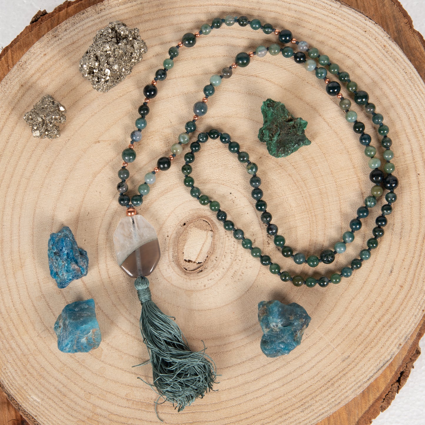 Mala in Agata muschiata, Pietra Guru Agata, Rame
