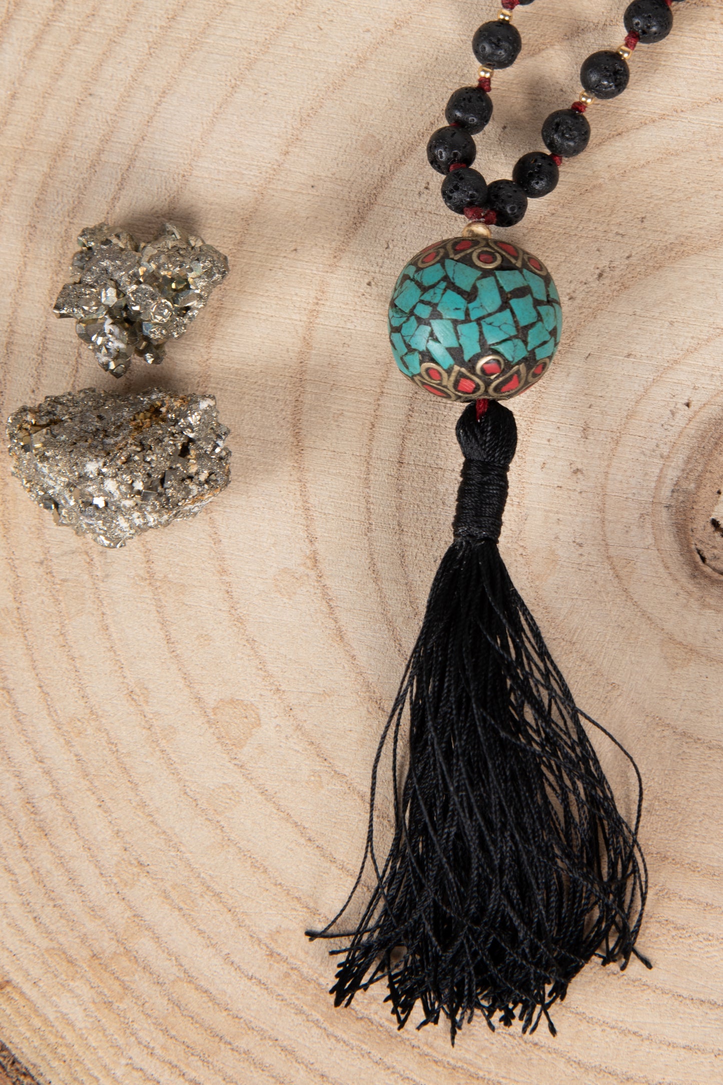 Mala Pietra Lavica, Perla Guru Tibetana, Argento dorato 925