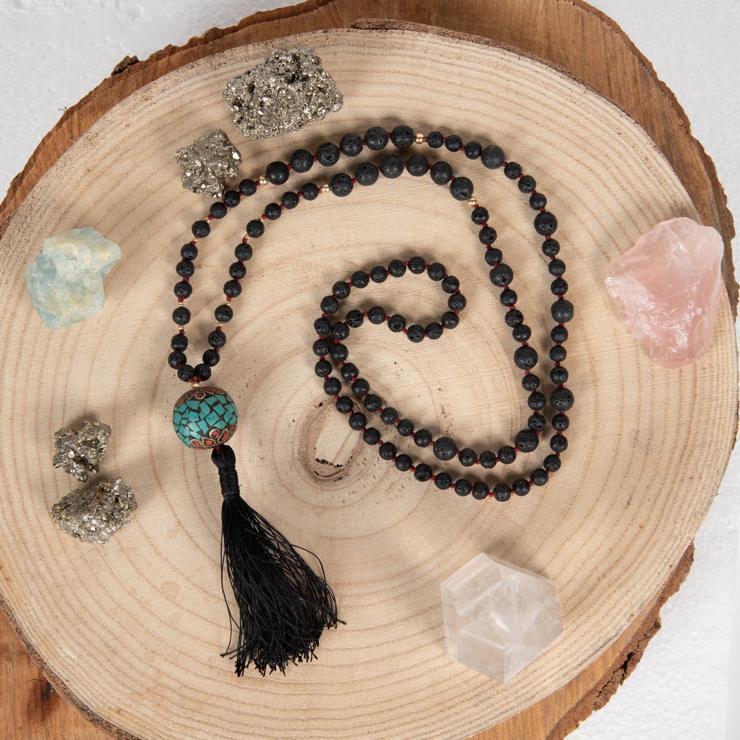 Mala Pietra Lavica, Perla Guru Tibetana, Argento dorato 925