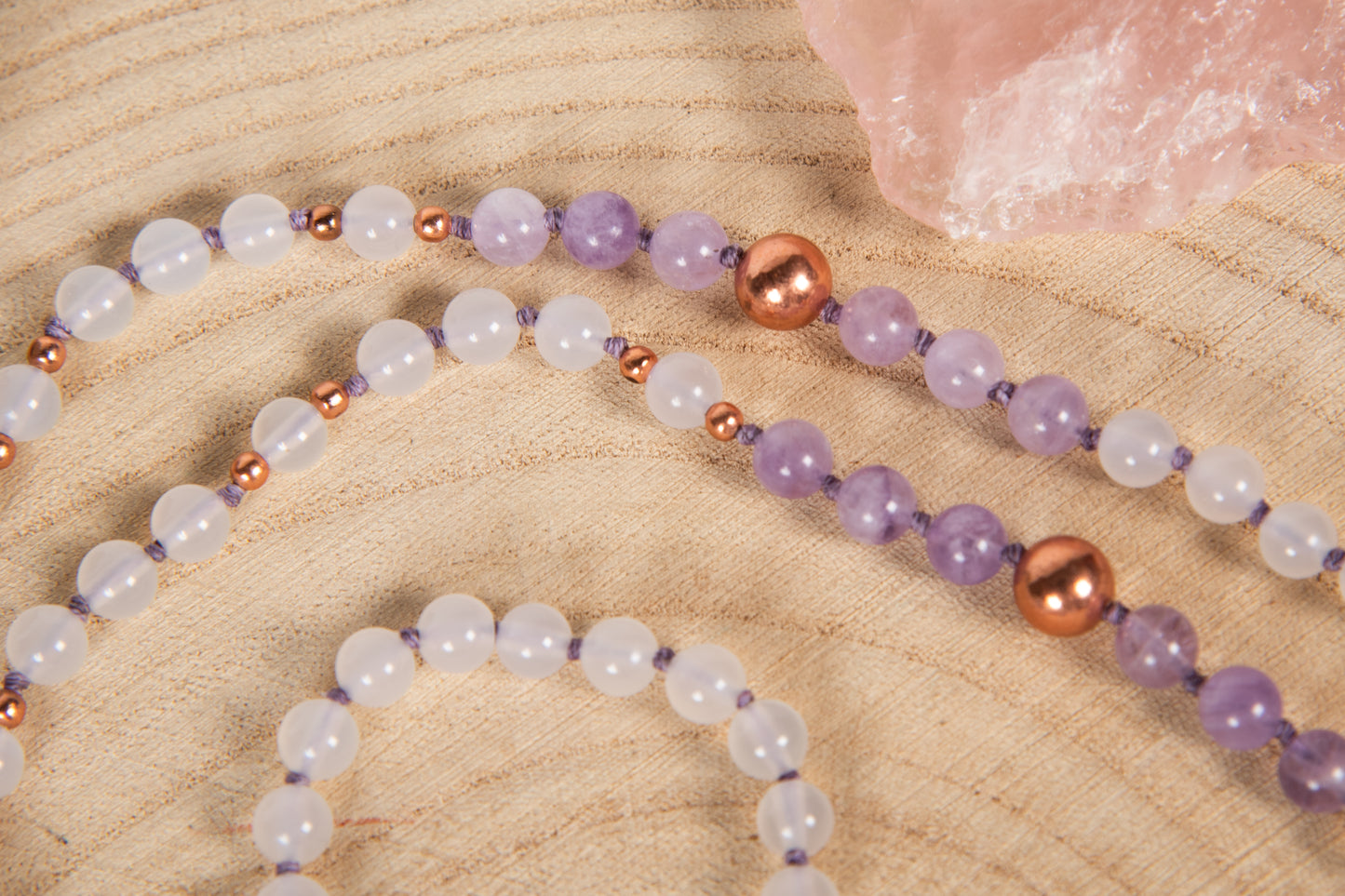 Mala in Ametista, Agata bianca, Pietra Guru Ametista e Rame
