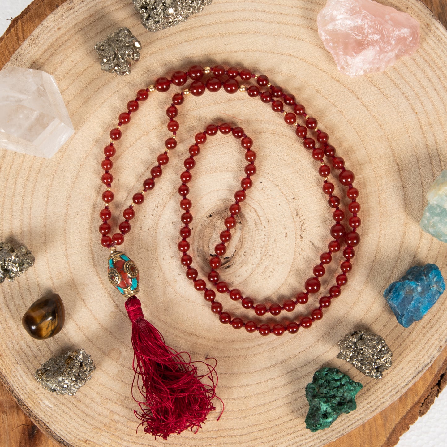 Mala in Agata rossa, Perla Tibetana, argento dorato 925