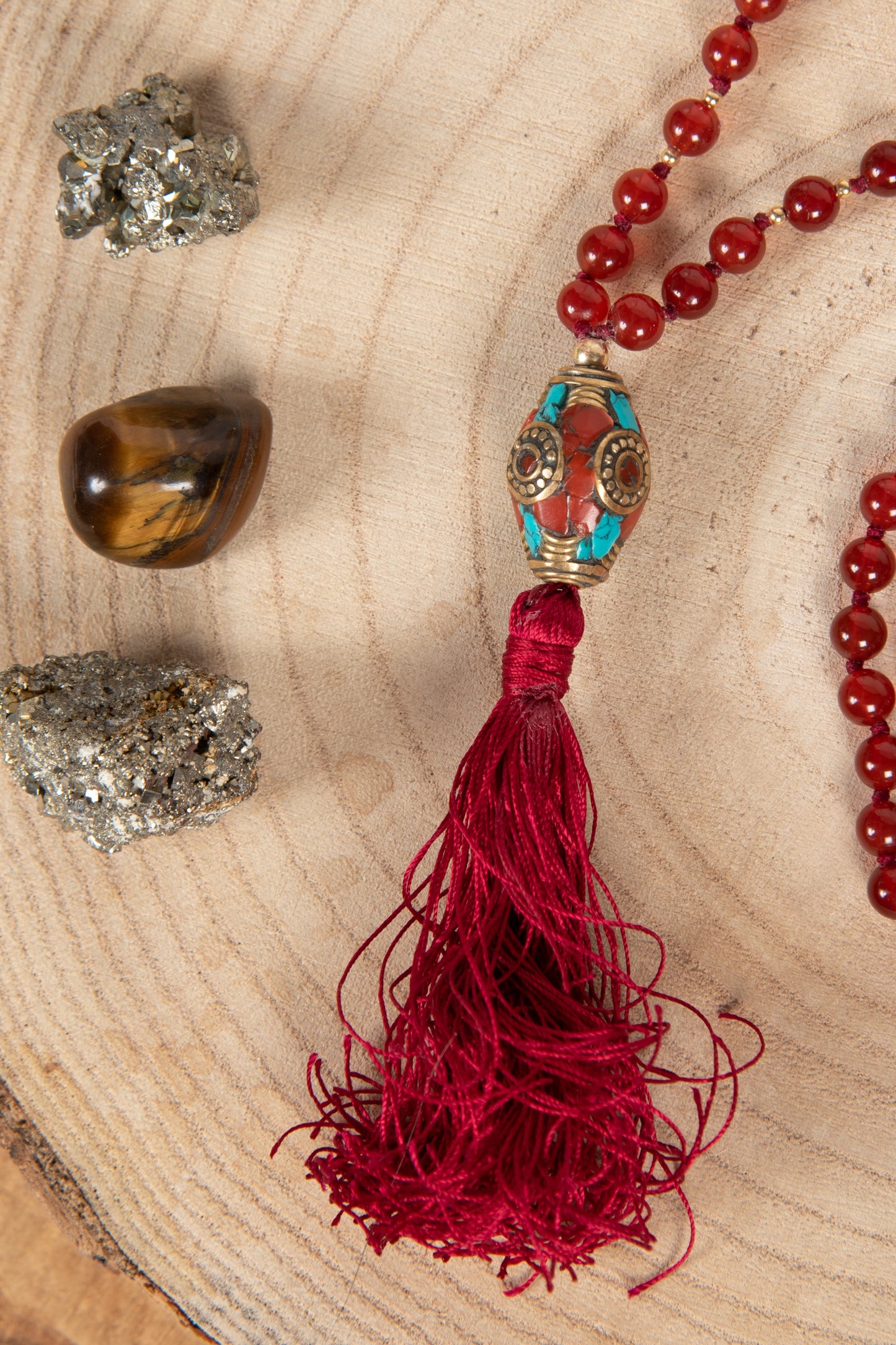 Mala in Agata rossa, Perla Tibetana, argento dorato 925