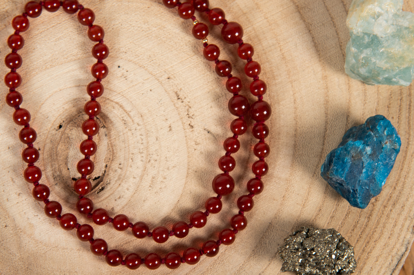 Mala in Agata rossa, Perla Tibetana, argento dorato 925