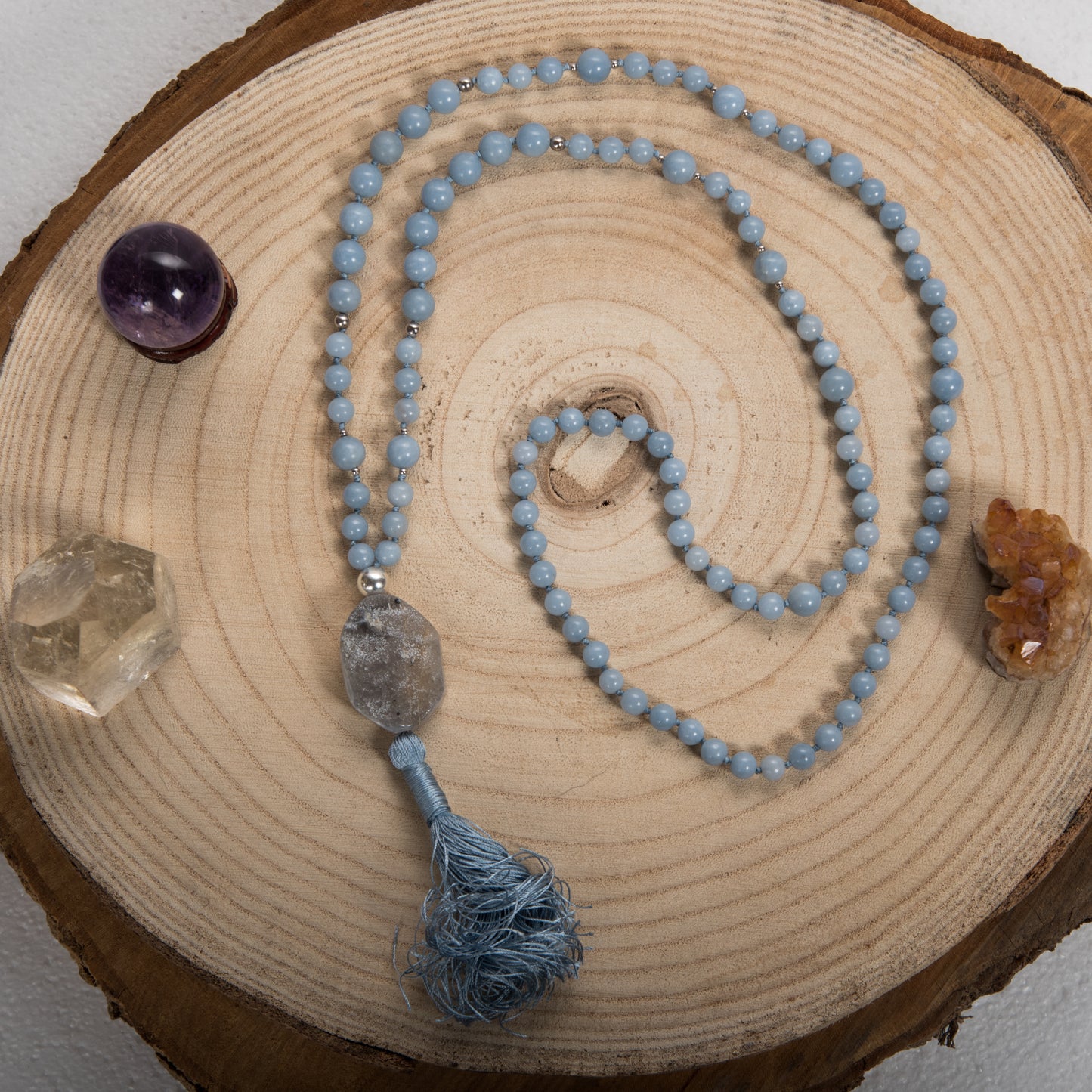 Mala Angelite, Pietra Guru Agata, Argento 925
