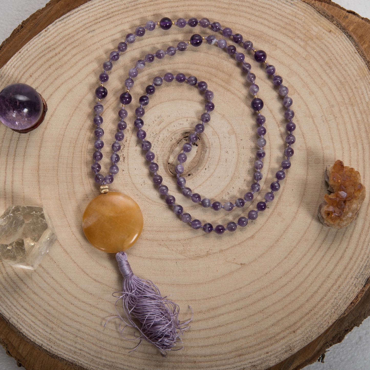 Mala in Ametista, Pietra guru Calcite gialla, Argento dorato 925, Placcato Oro 14kt