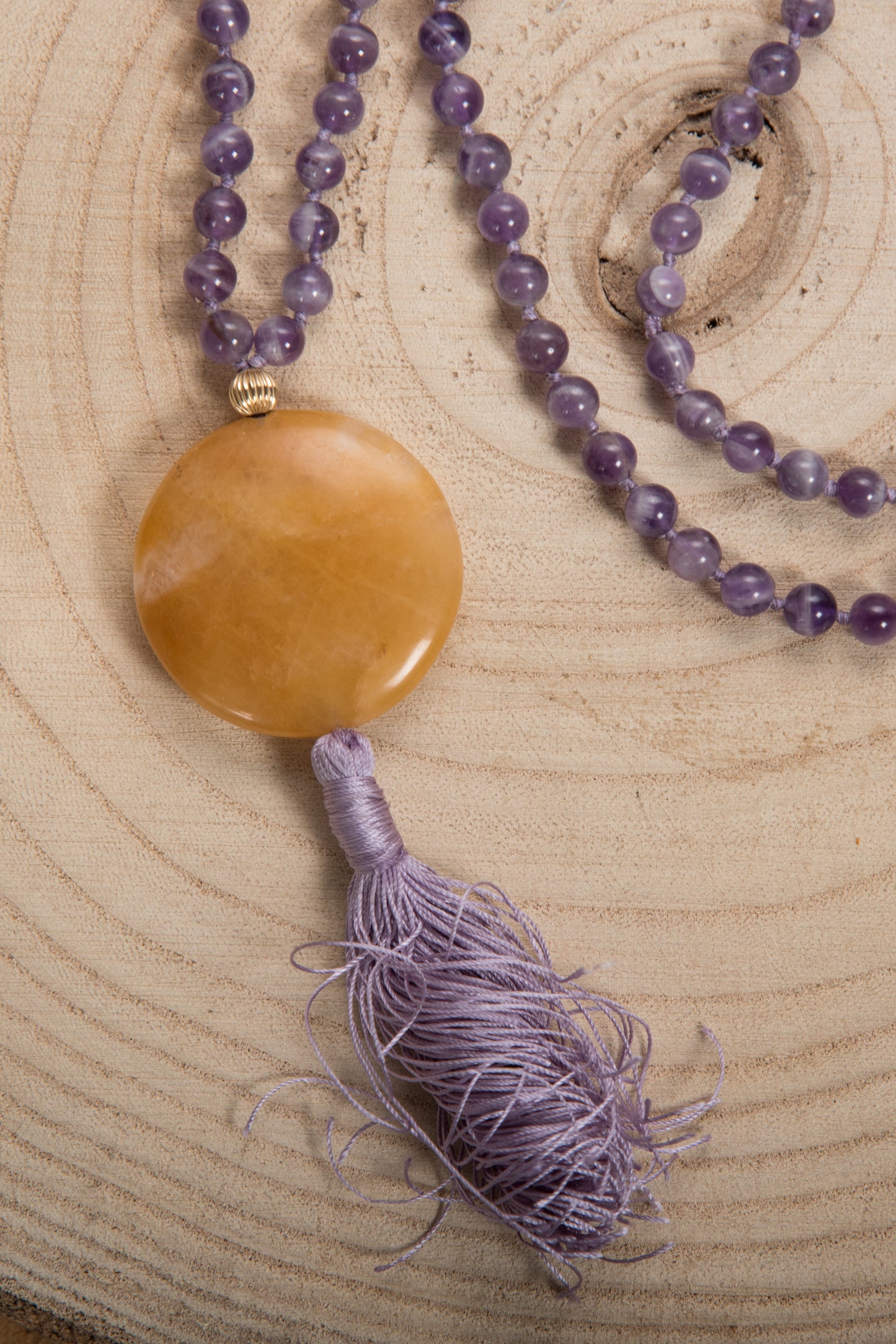 Mala in Ametista, Pietra guru Calcite gialla, Argento dorato 925, Placcato Oro 14kt