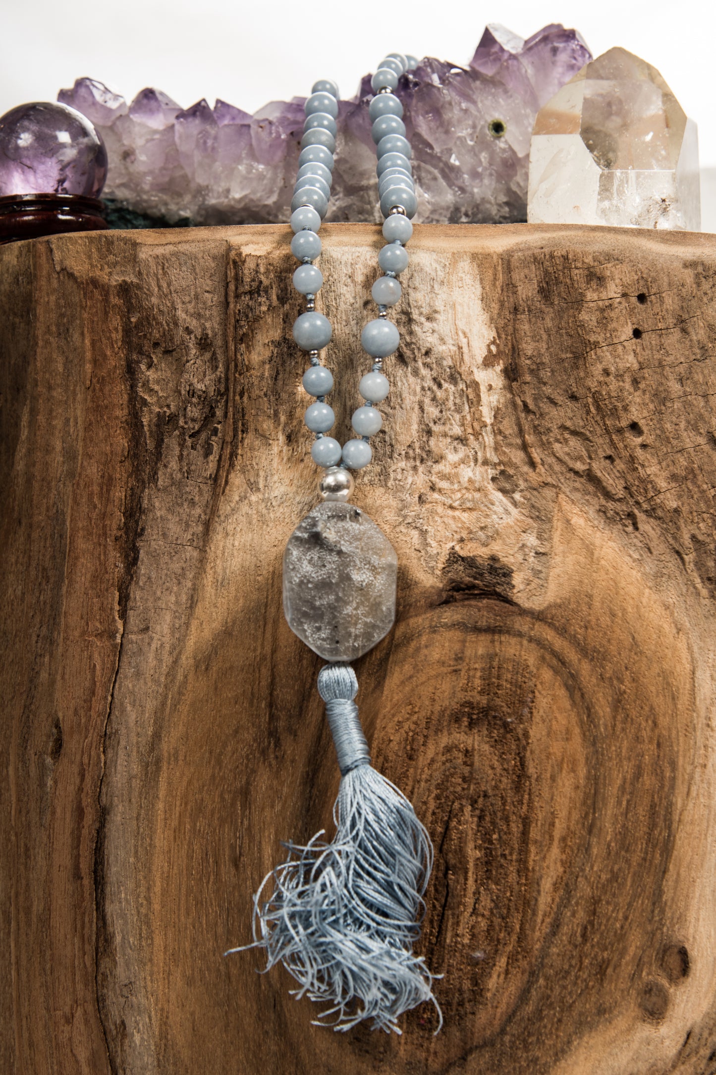 Mala Angelite, Pietra Guru Agata, Argento 925