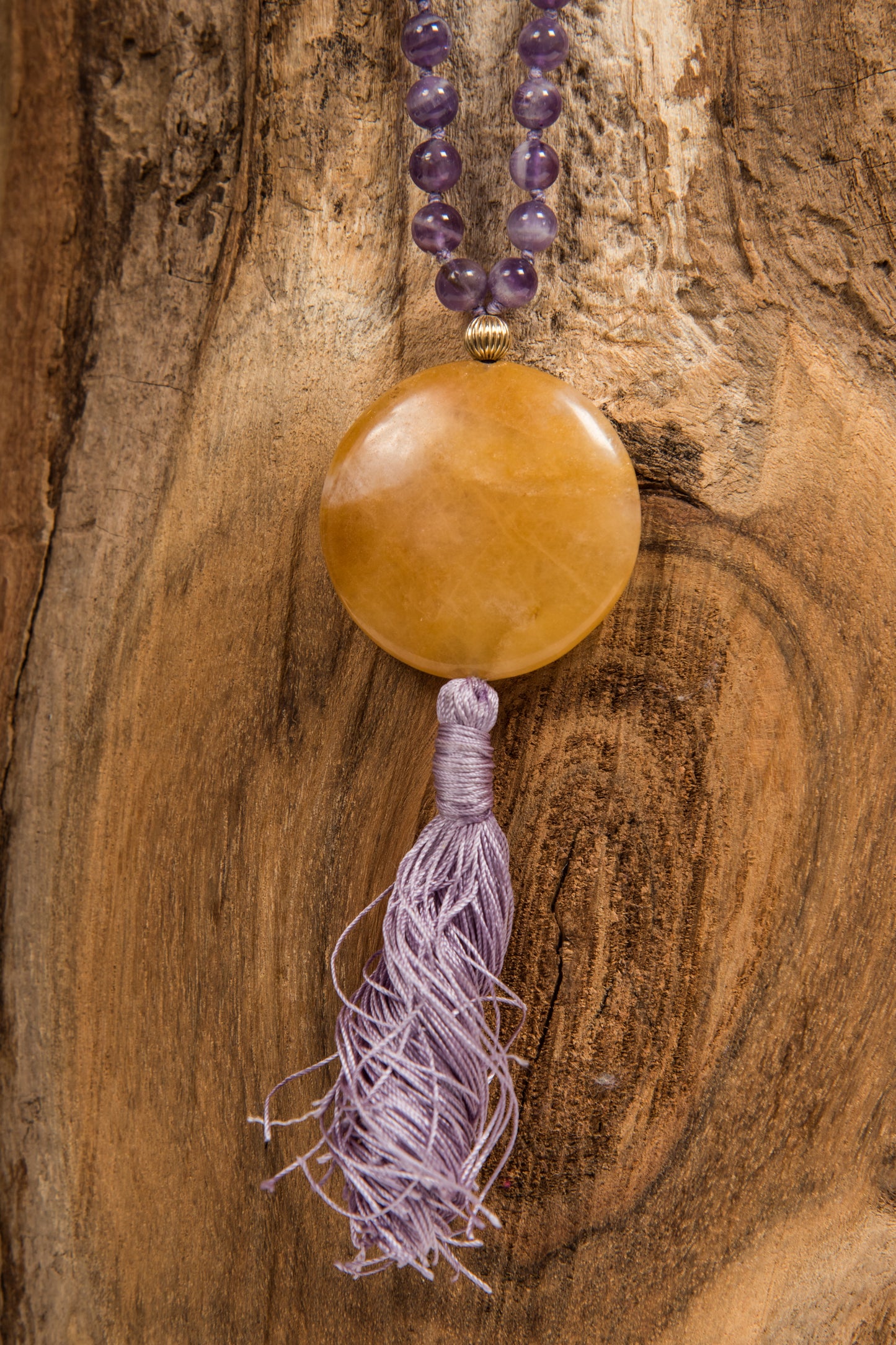 Mala in Ametista, Pietra guru Calcite gialla, Argento dorato 925, Placcato Oro 14kt