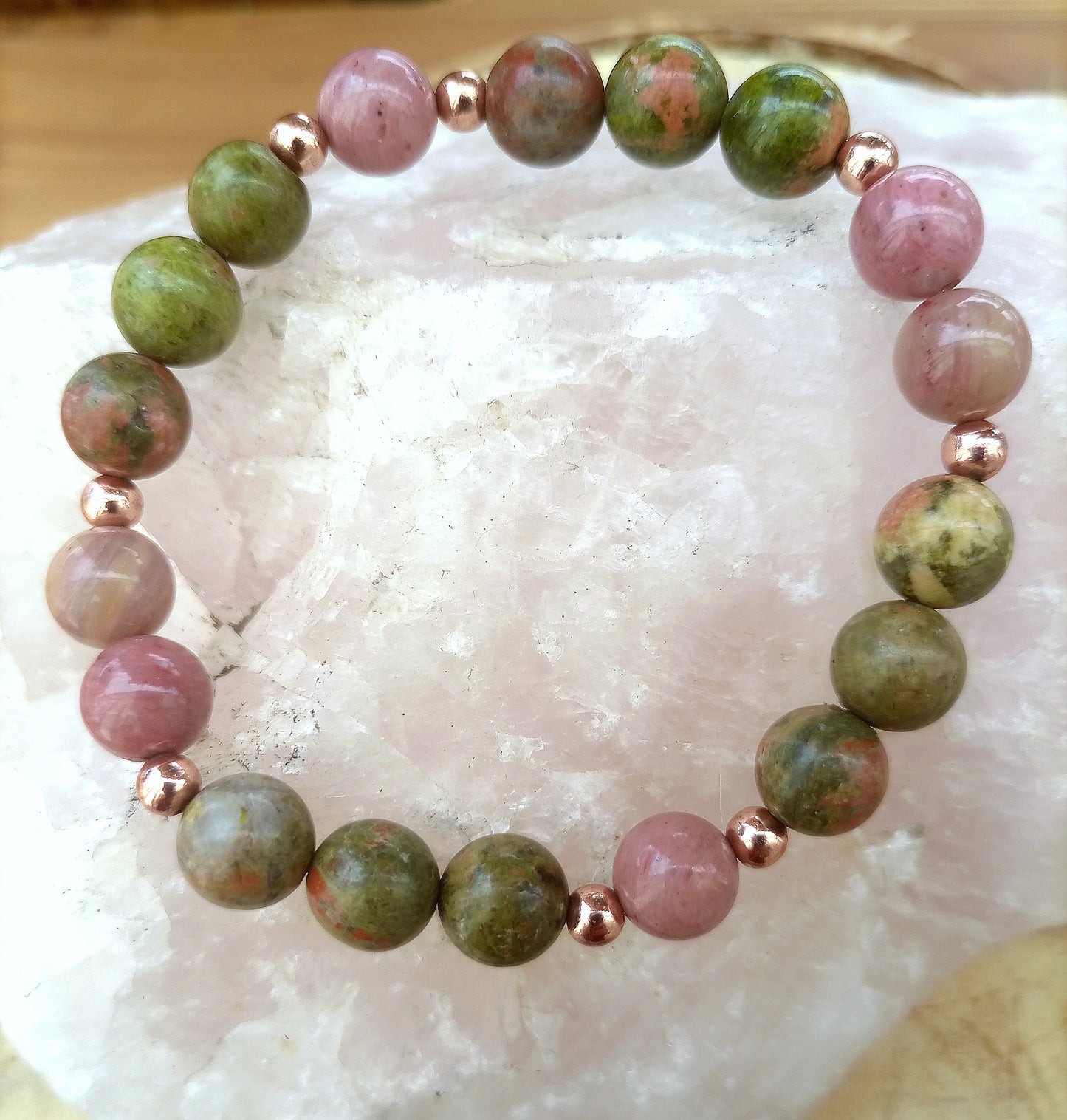 Bracciale perle 8mm rodonite, unakite, rame