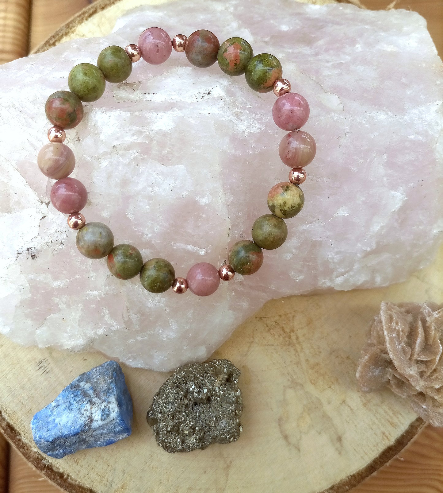 Bracciale perle 8mm rodonite, unakite, rame