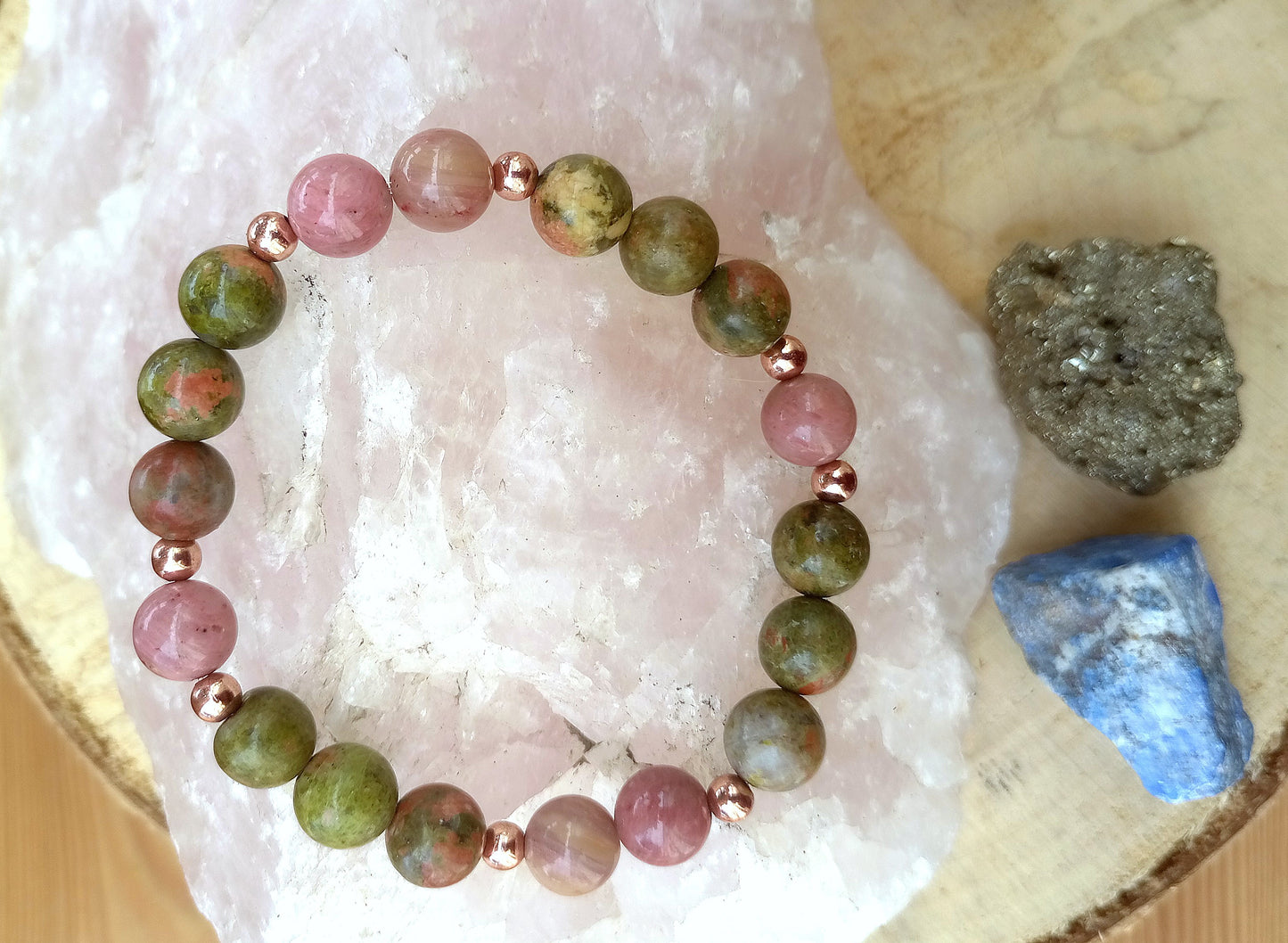 Bracciale perle 8mm rodonite, unakite, rame