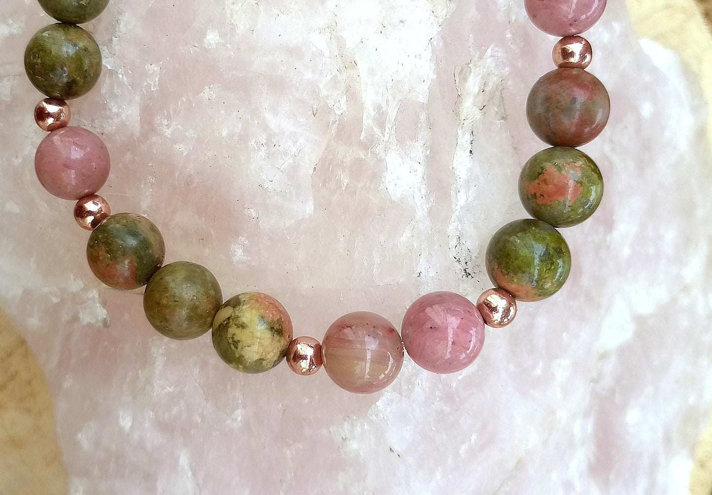 Bracciale perle 8mm rodonite, unakite, rame