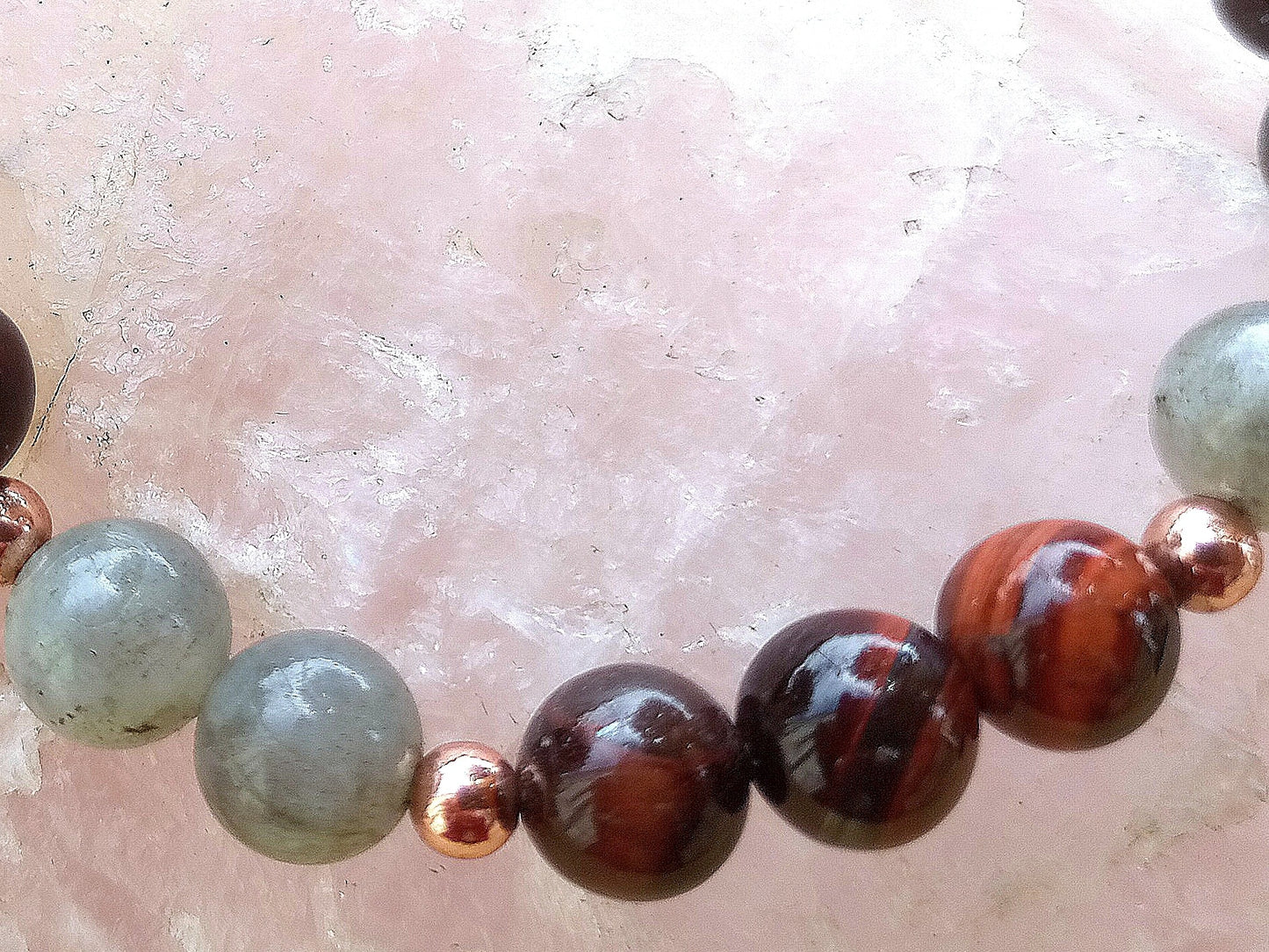 Bracciale perle 8mm occhio di bue, labradorite, rame