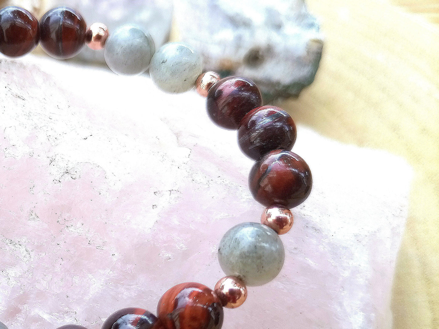 Bracciale perle 8mm occhio di bue, labradorite, rame