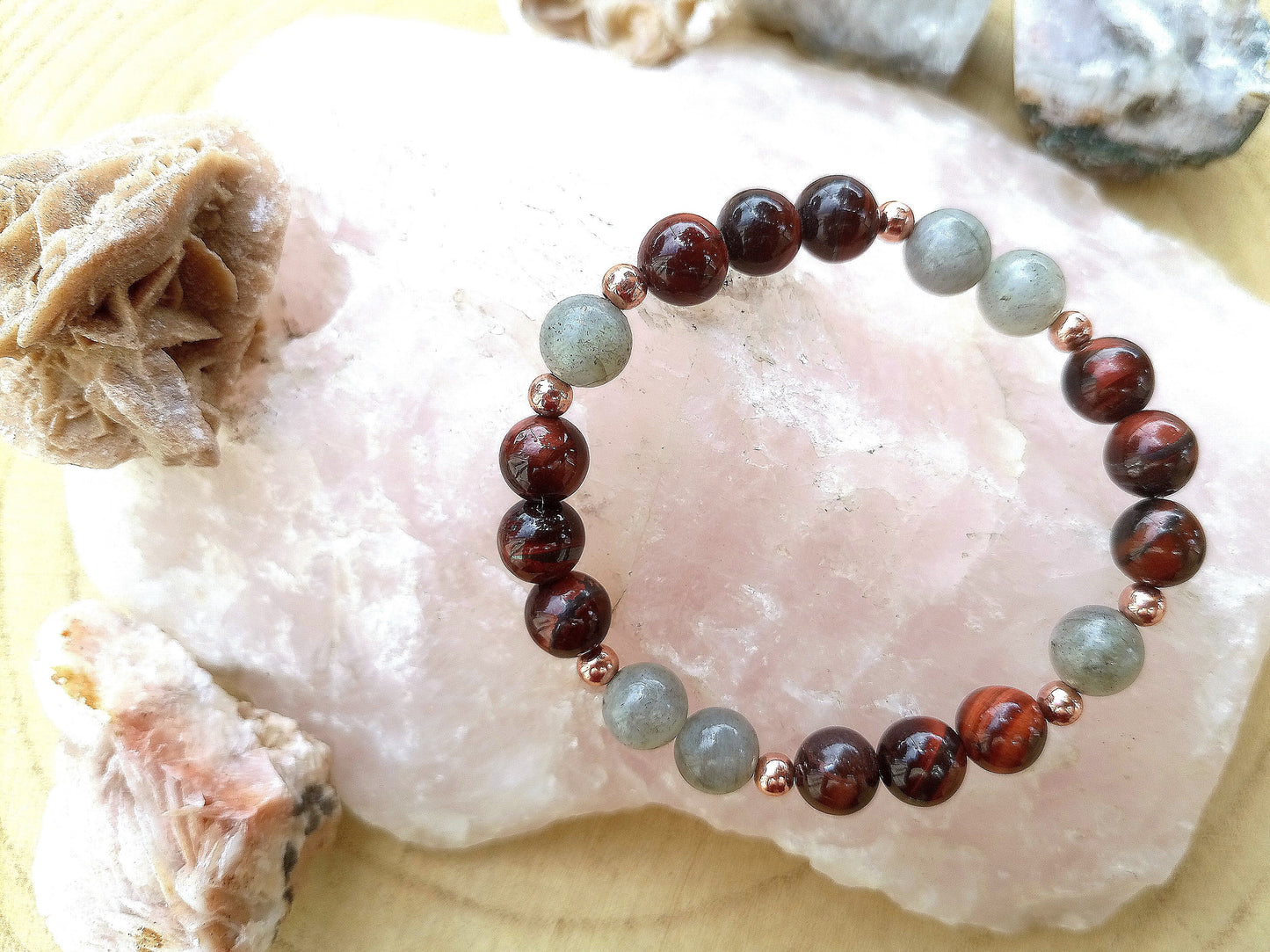 Bracciale perle 8mm occhio di bue, labradorite, rame