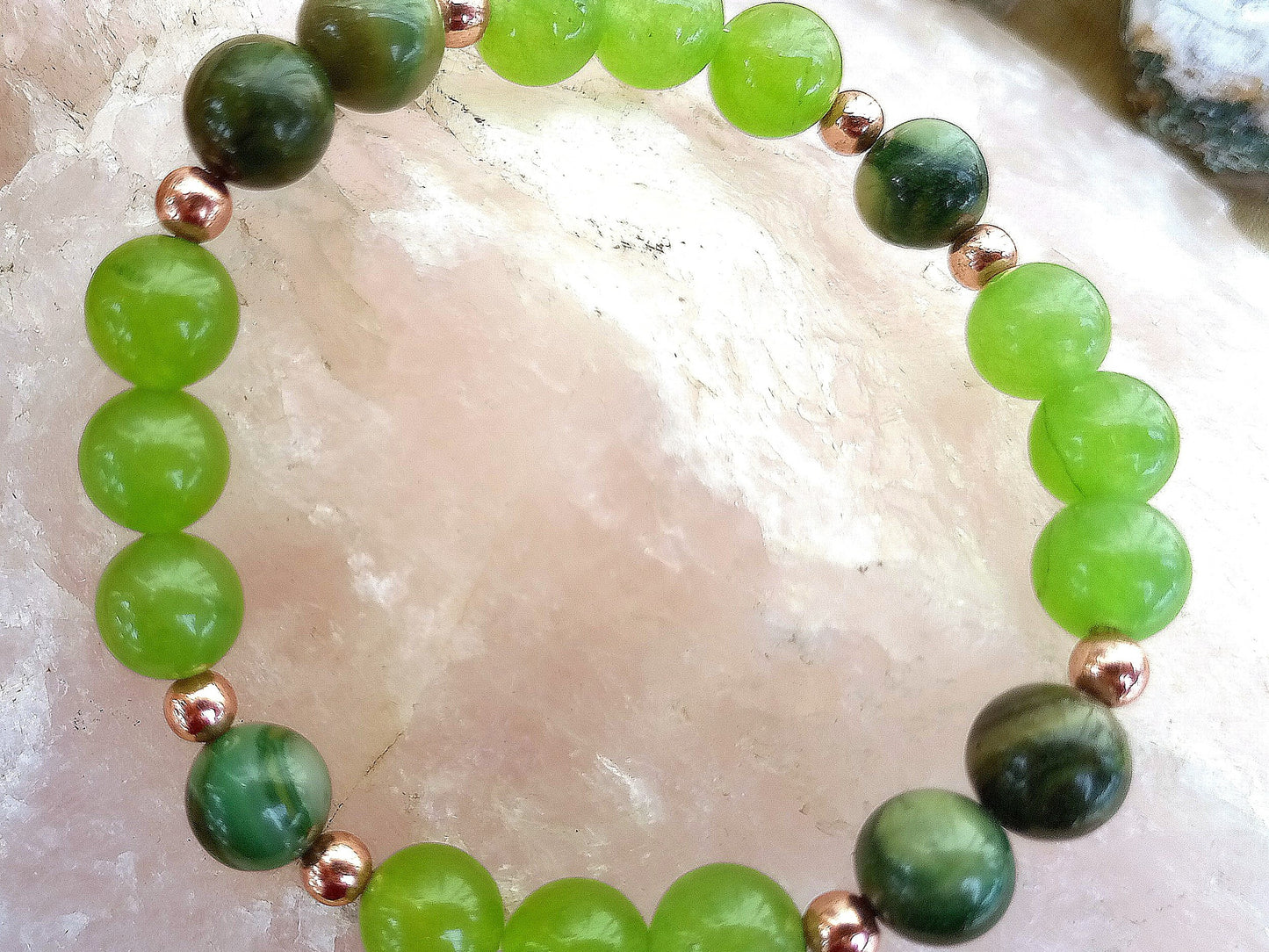 Bracciale perle 8mm avventurina, giada africana, rame