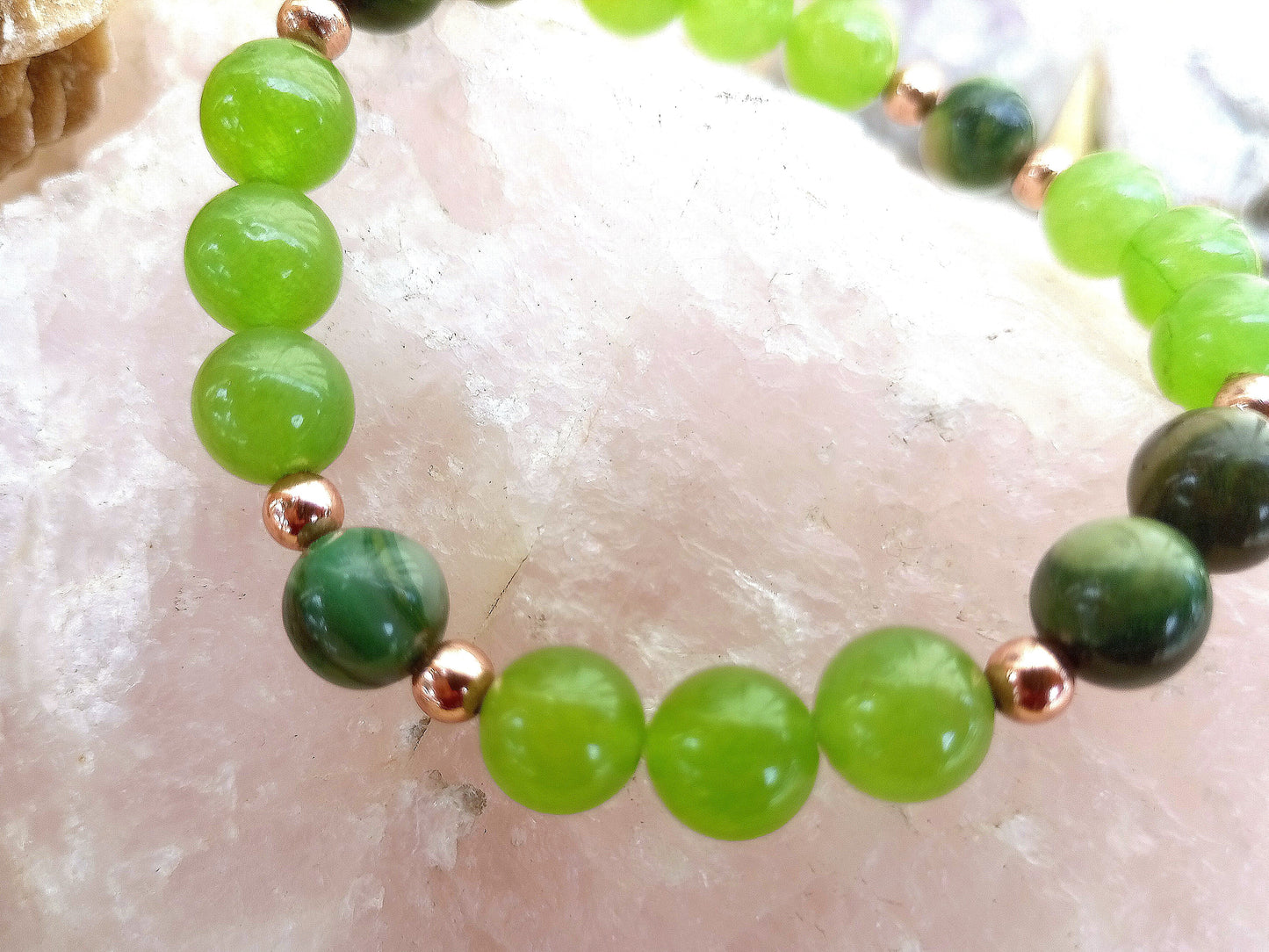 Bracciale perle 8mm avventurina, giada africana, rame