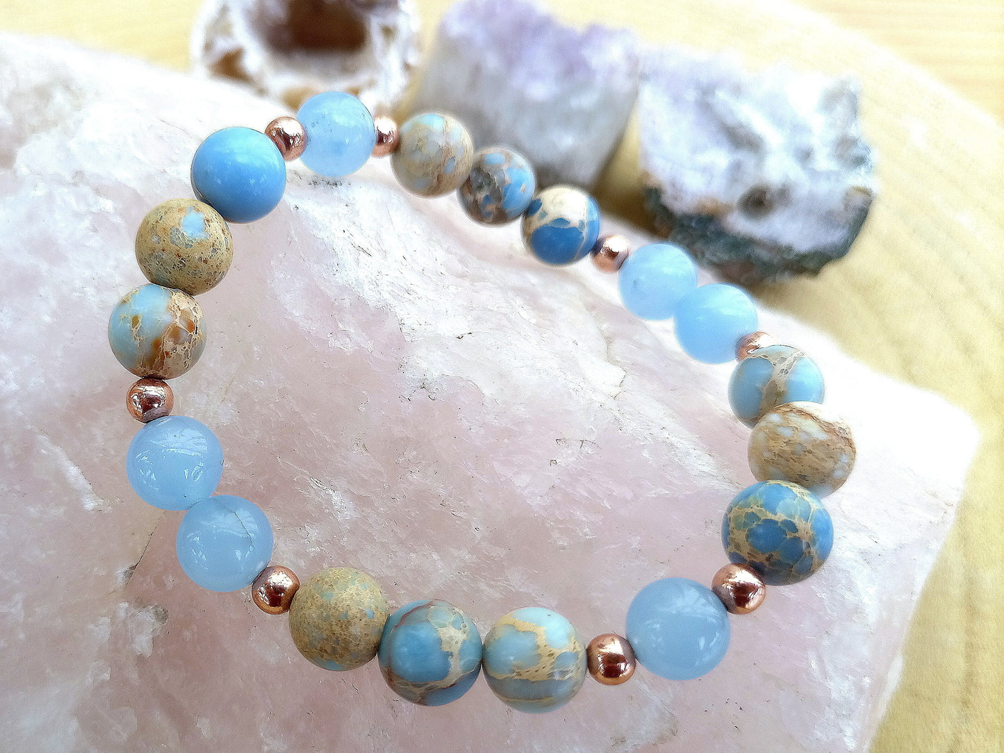 Bracciale perle 8mm diaspro imperiale, acquamarina, rame