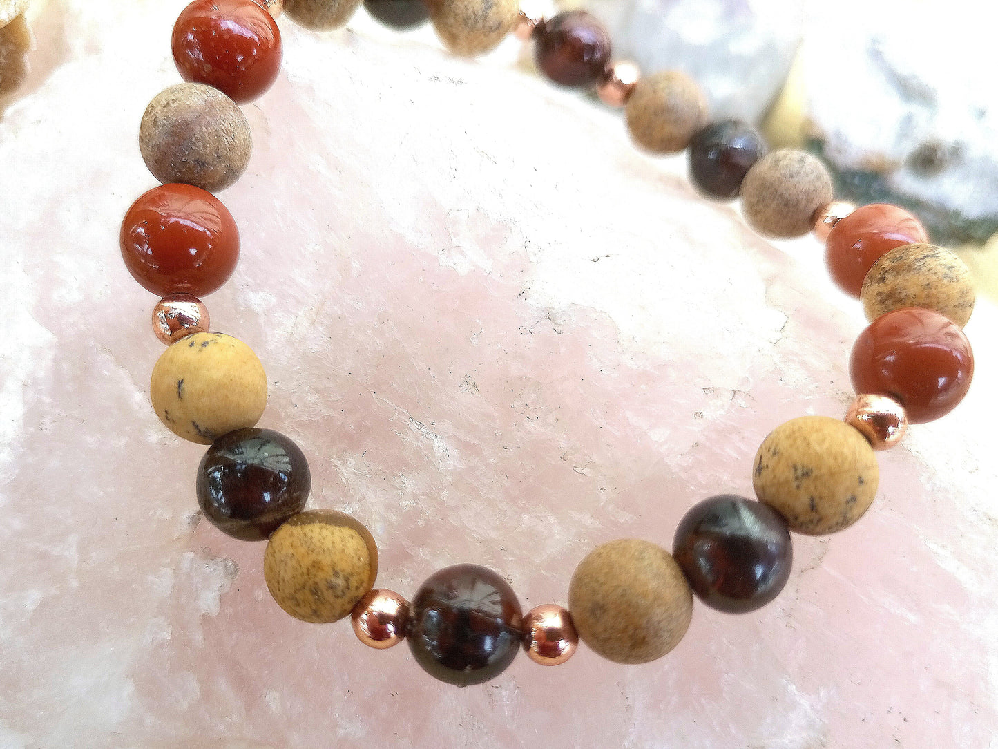Bracciale perle 8mm diaspro rosso, occhio di bue, diaspro paesaggio, rame