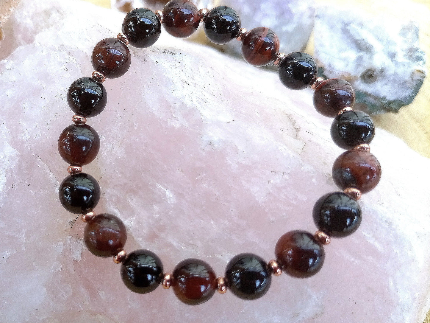Bracciale perle 8mm occhio di bue, onice, rame