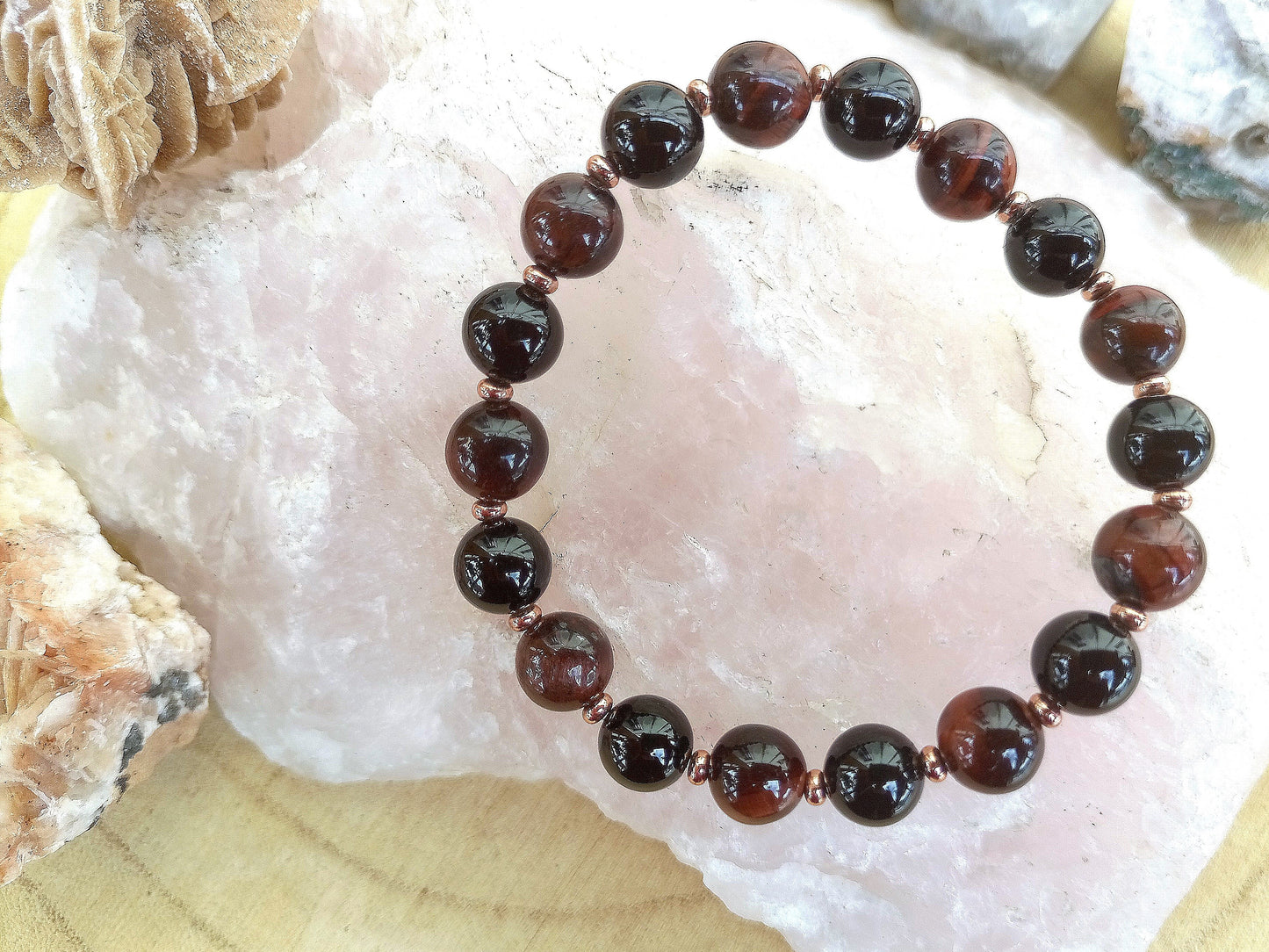 Bracciale perle 8mm occhio di bue, onice, rame
