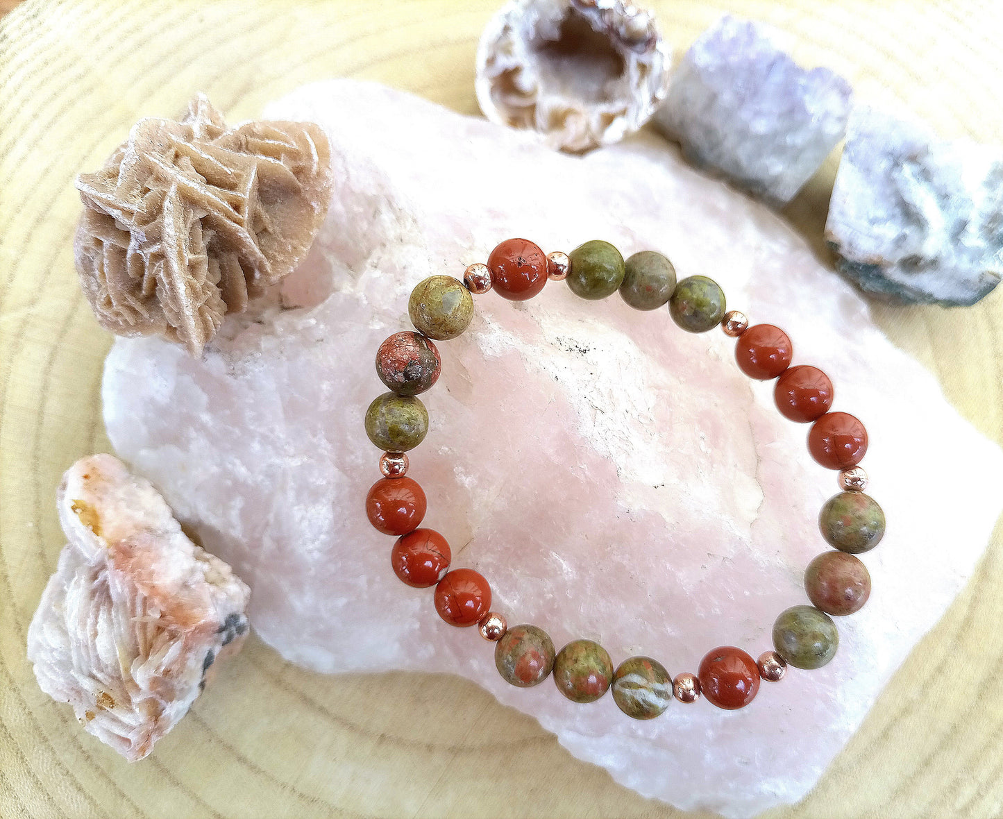 Bracciale perle 8mm diaspro rosso, unakite, rame