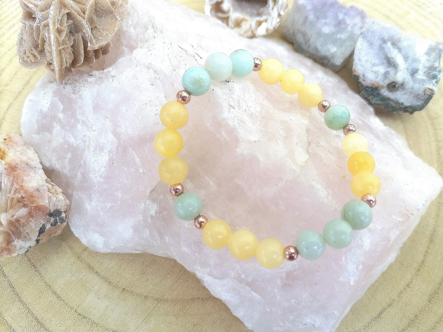 Bracciale perle 8mm calcite gialla, amazzonite, rame